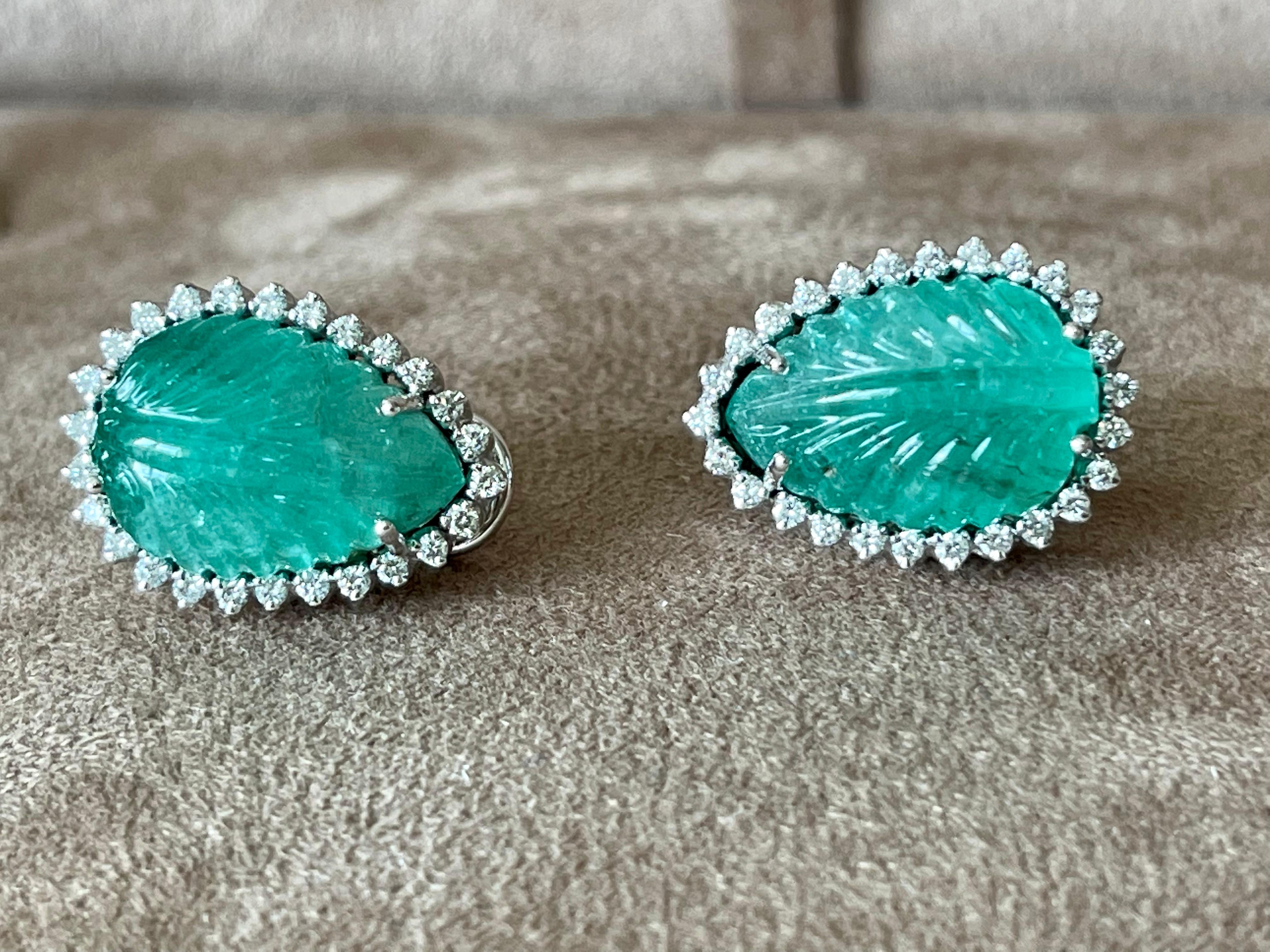 Pair of 18 K White Gold Carved Emerald Diamond Earrings For Sale 3