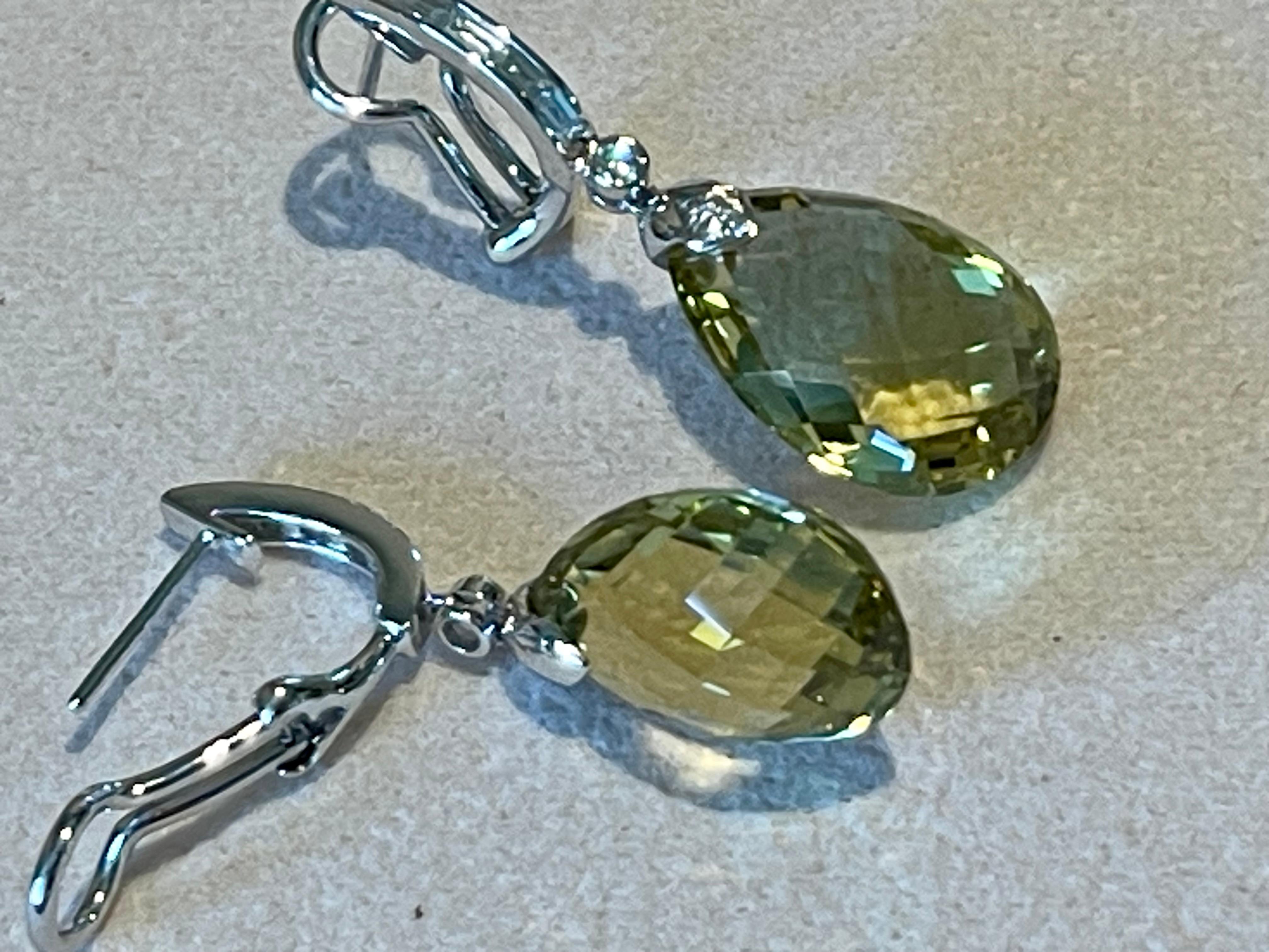 Contemporary Pair  of 18 K white Gold drop earrings Lemon Quartz Briolette Diamonds For Sale