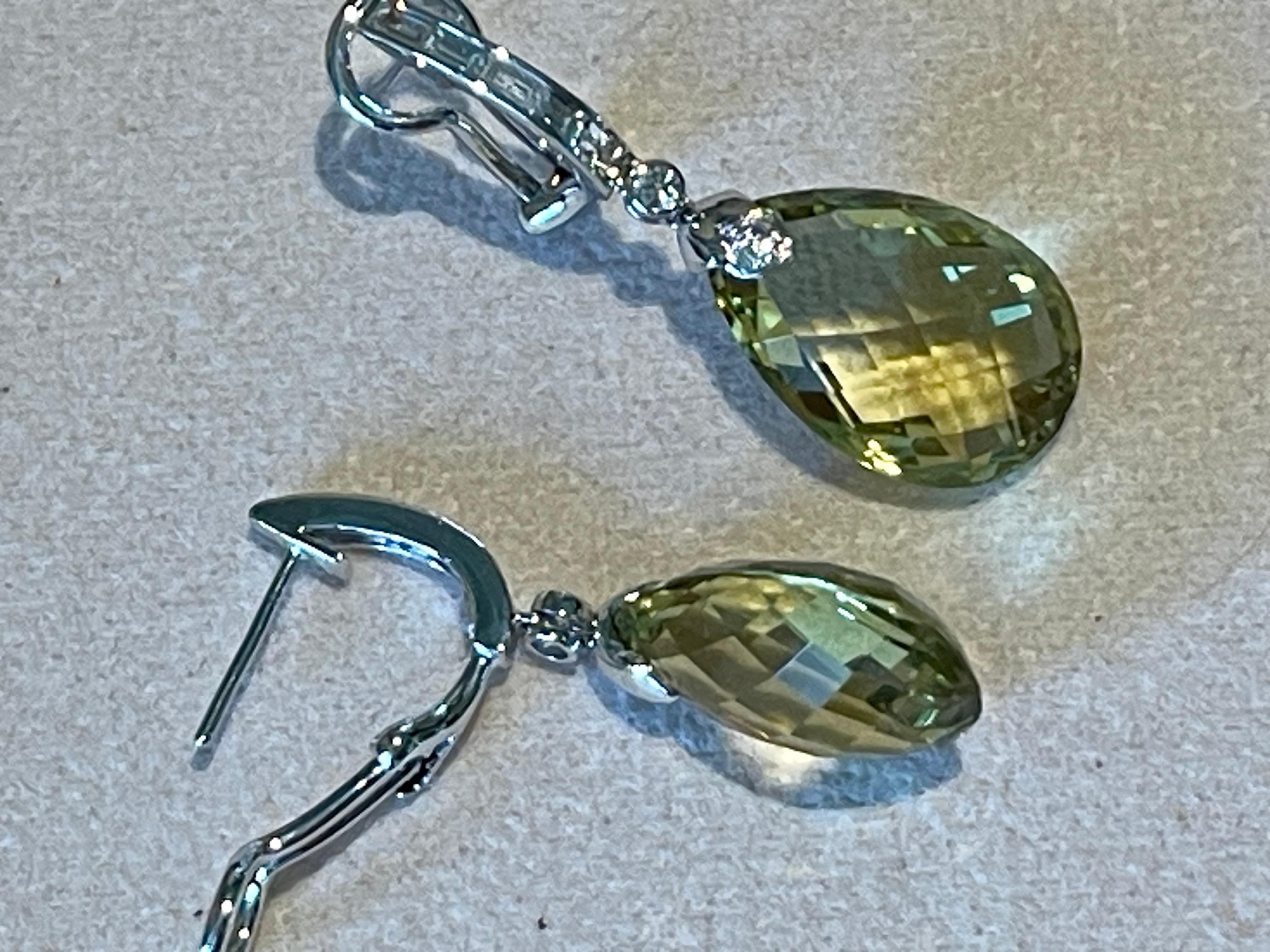 Briolette Cut Pair  of 18 K white Gold drop earrings Lemon Quartz Briolette Diamonds For Sale