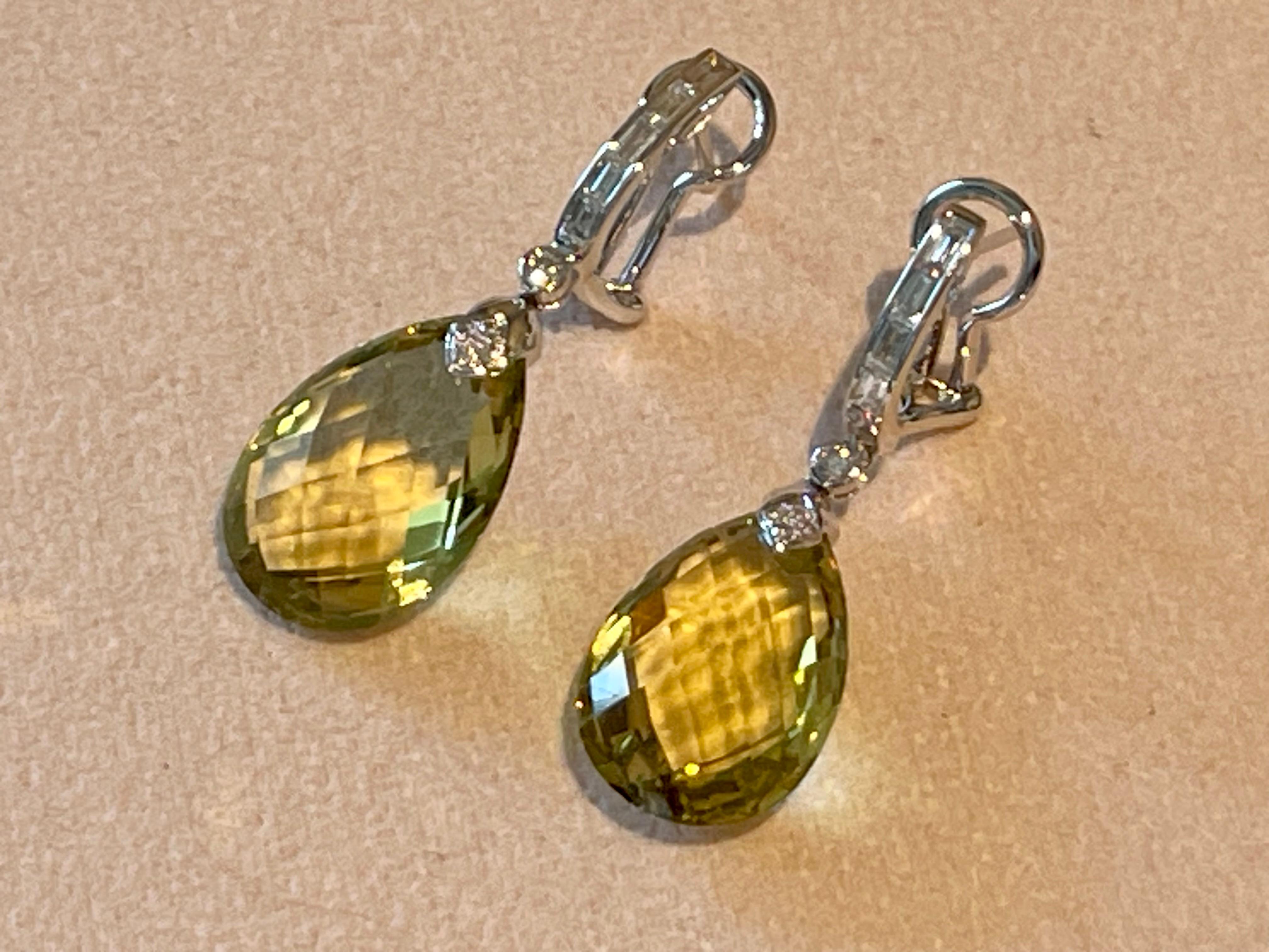 Pair  of 18 K white Gold drop earrings Lemon Quartz Briolette Diamonds For Sale 2