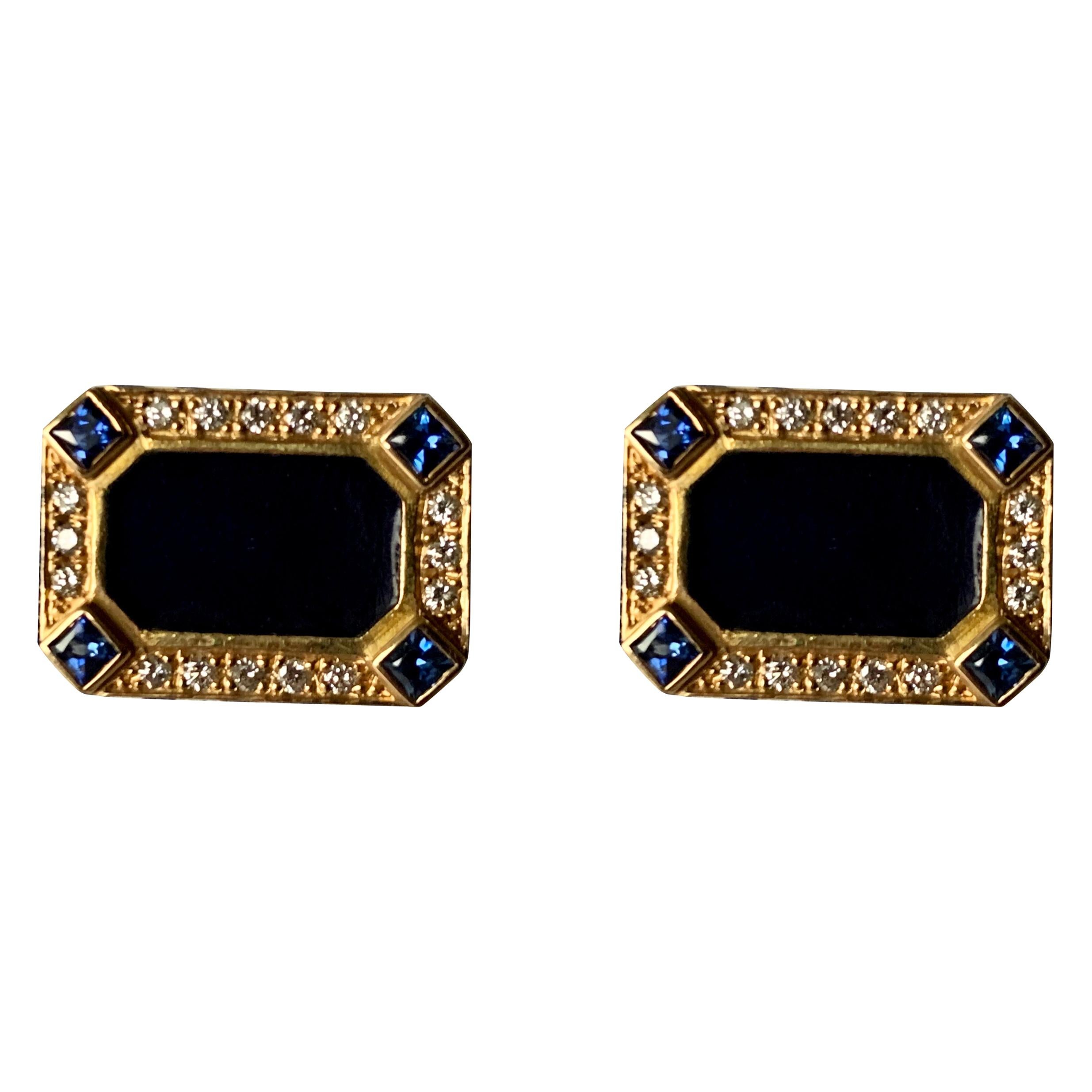 Pair of 18 K Yellow Gold Lapis Sapphire Diamond Enamel Cufflinks For Sale