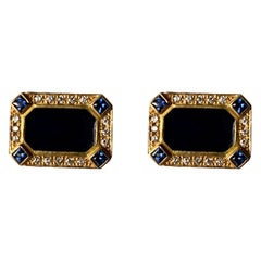 Pair of 18 K Yellow Gold Lapis Sapphire Diamond Enamel Cufflinks