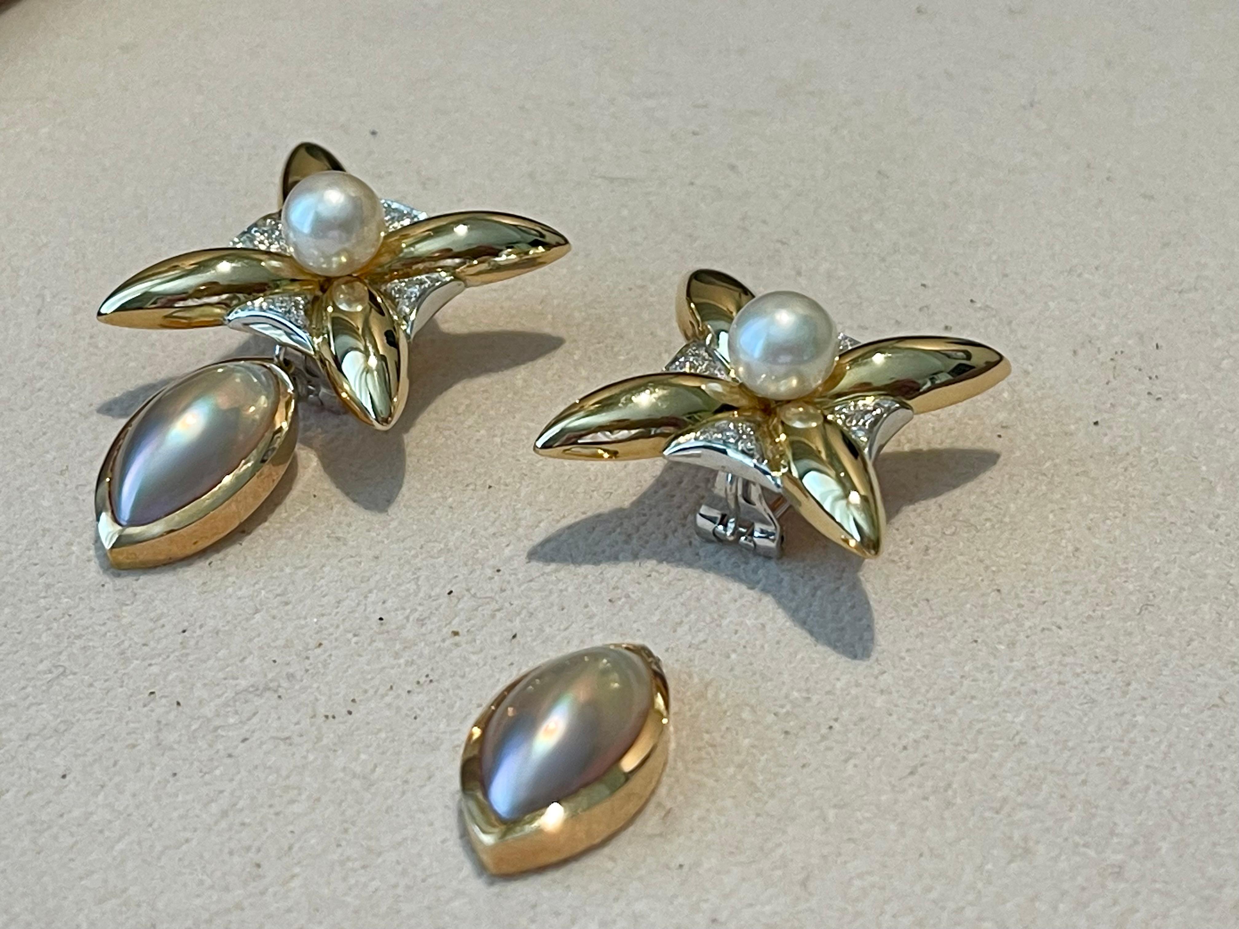 Coppia di orecchini in oro giallo bianco 18 K con perla coltivata in vendita 1