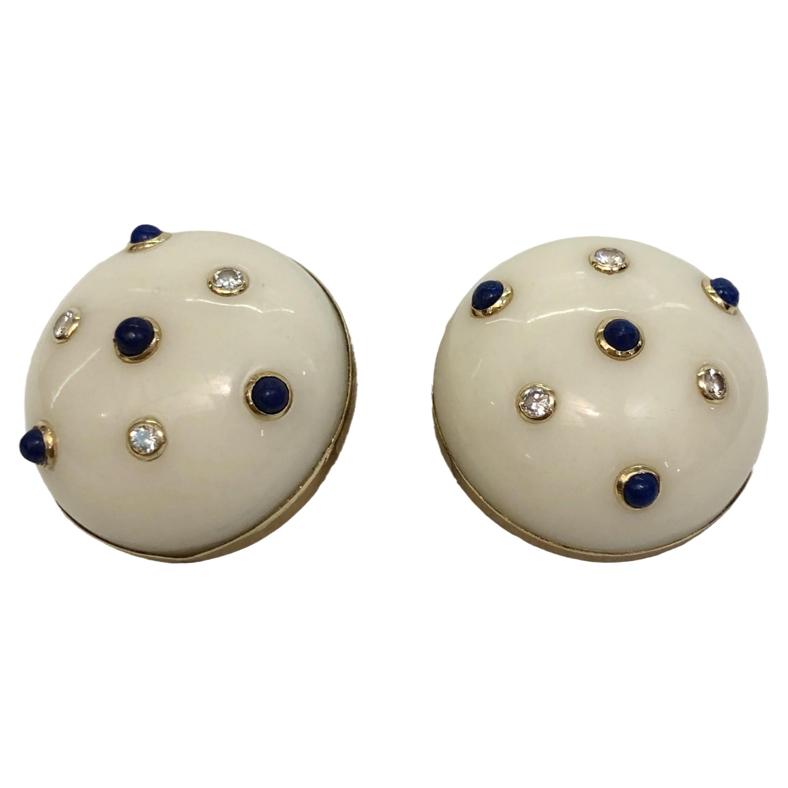 Pair of 18 Karat Gold Agate and Diamond Earrings For Sale