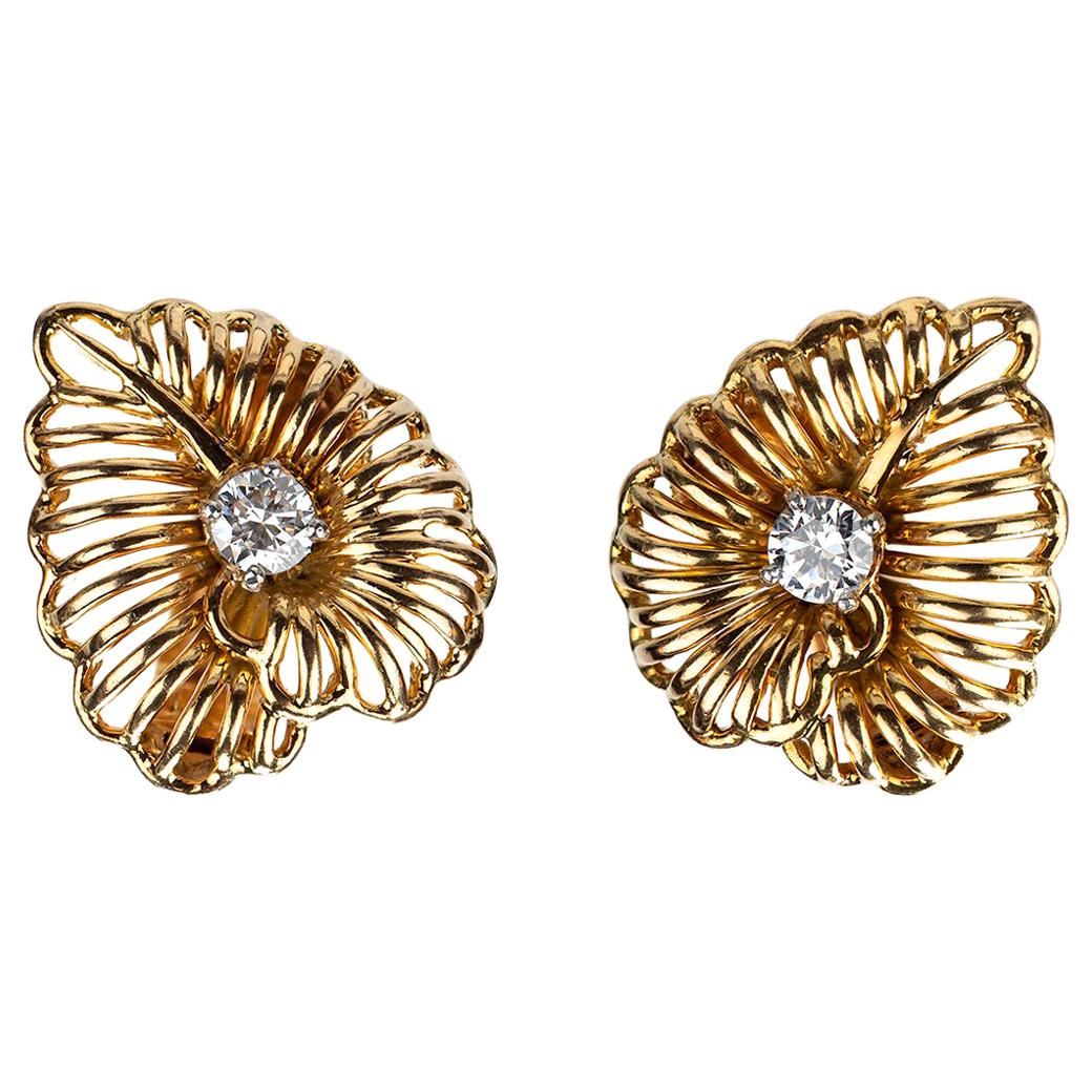 Cartier Earrings Leaf Design in 18 Karat Gold & Diamonds, French circa 1950 For Sale