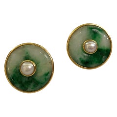 Pair of 18 Karat Gold Jade and Pearl Earrings