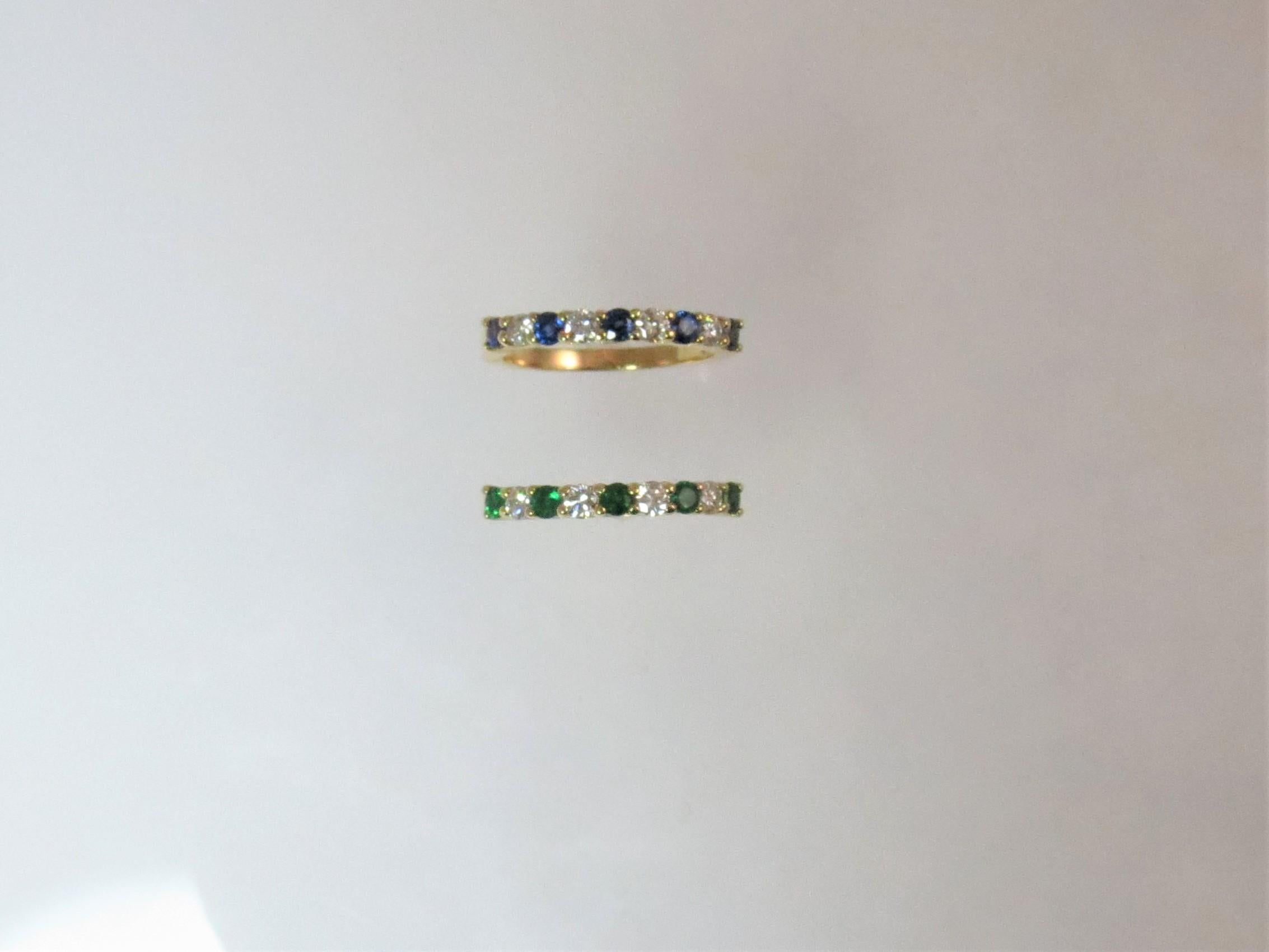 Round Cut Pair of 18 Karat Gold Sapphire and Diamond and Emerald and Diamond Band Rings For Sale