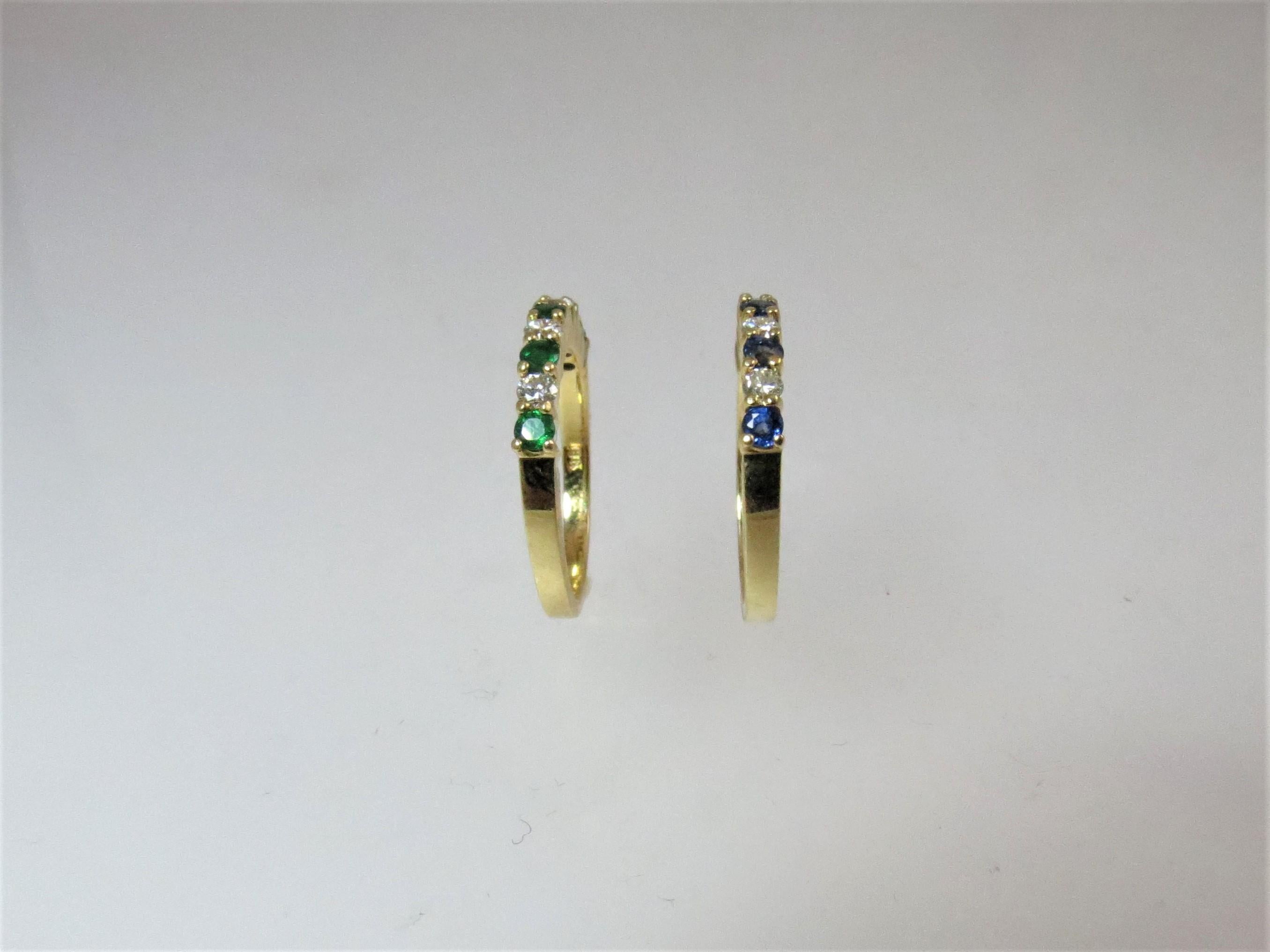 Pair of 18 Karat Gold Sapphire and Diamond and Emerald and Diamond Band Rings In Excellent Condition For Sale In Chicago, IL