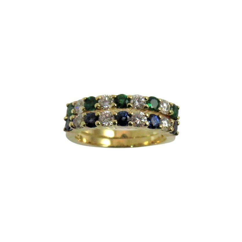 Pair of 18 Karat Gold Sapphire and Diamond and Emerald and Diamond Band Rings For Sale