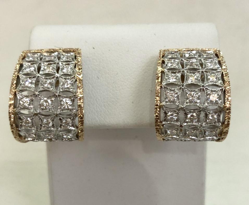 Pair of vintage earrings in 18 karat rose and white gold with diamonds inserted in a semicircle fretwork / Made in Italy 1980s