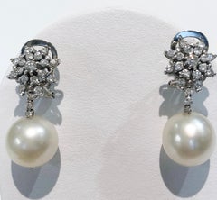 Pair of Vintage 18kt White Gold Pearl and Diamond Dangle Earrings, Italy 1950s