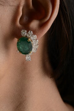 Pair of 18 Karat White Gold Emerald & Diamond Cocktail Eartops