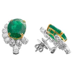 Pair of 18 Karat White Gold Emerald 
Diamond Cocktail Eartops
