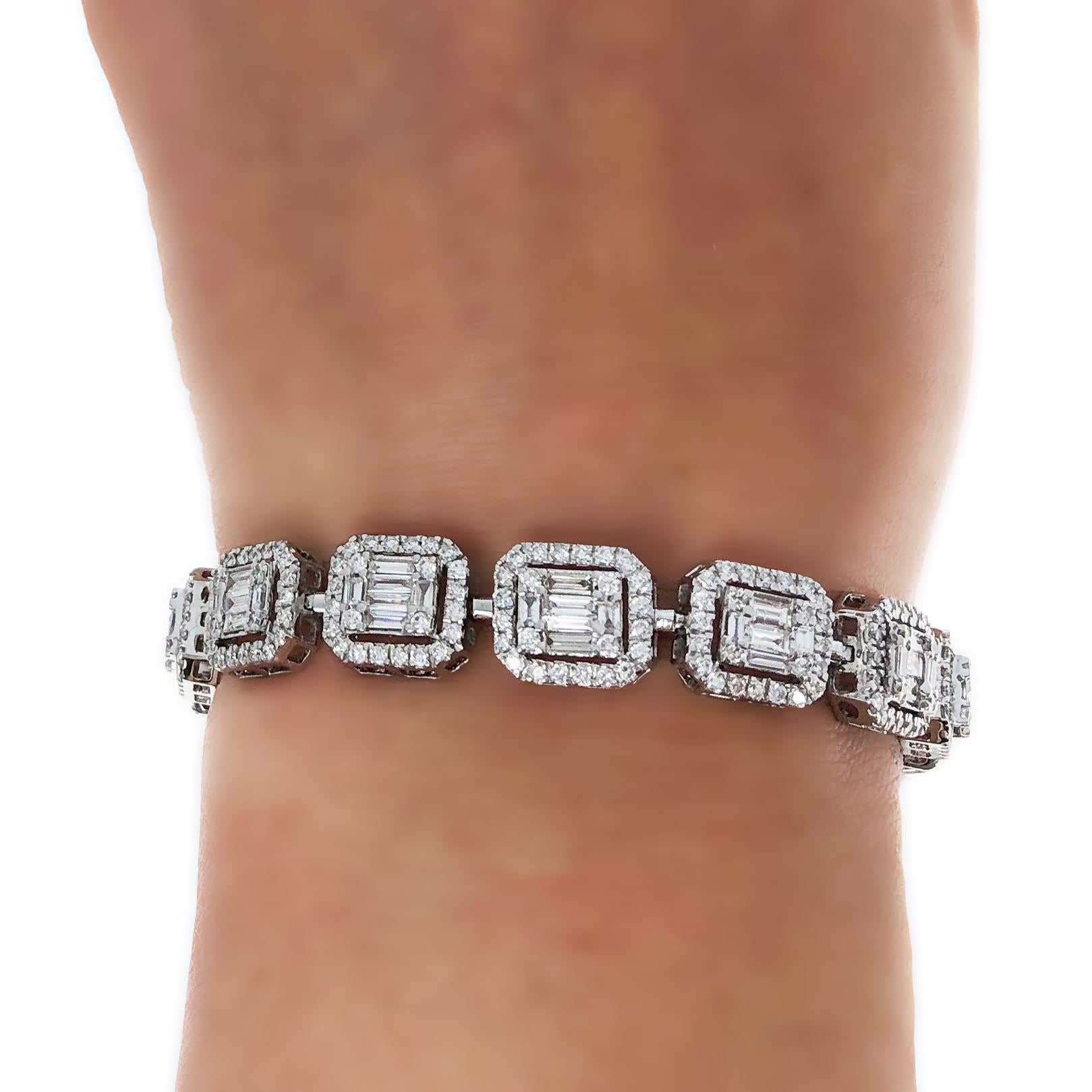 Baguette Cut Pair of 18 Karat White Gold Illusion Diamond Bracelets