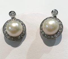 Pair of Vintage 18K White Gold Pearl and 2.2 ct Diamond Earrings, Italy 1920s