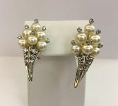 Pair of Vintage 18kt White Gold Cornucopia Earrings with Pearls & Diamonds