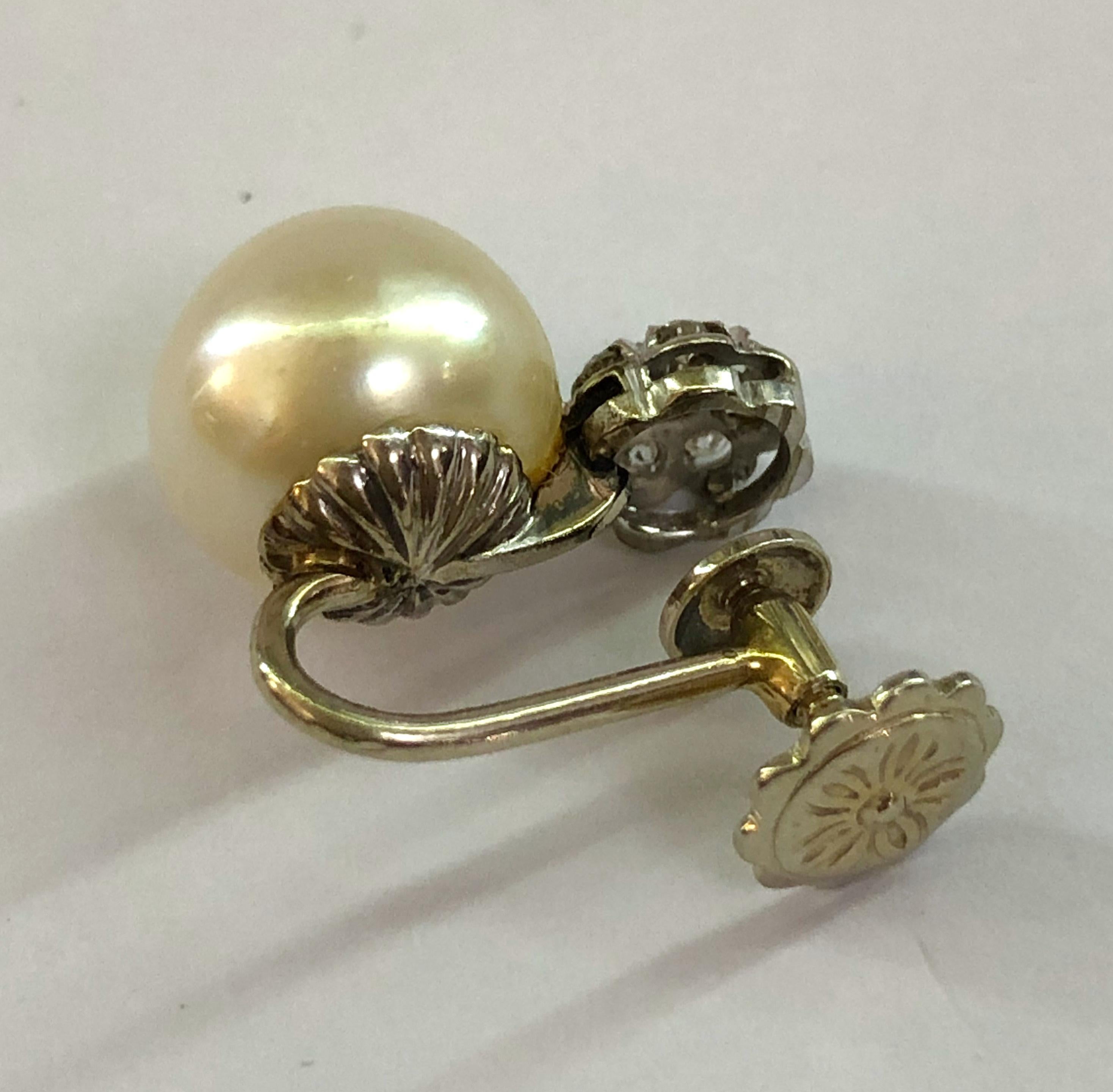 Paar Vintage-Ohrringe aus 18 Karat Weißgold mit 10 mm großen Perlen und Brillanten in Form eines Gänseblümchens, Italien 1950-1960er Jahre