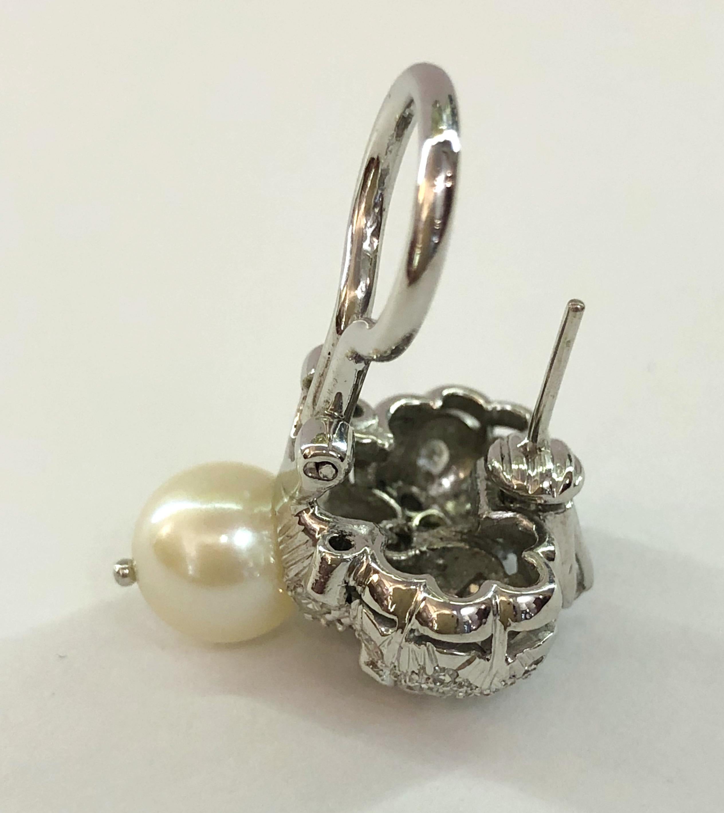Pair of 18 Karat White Gold Pearl and Diamond Earrings For Sale 1