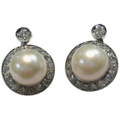 Vintage Pair of 18 Karat White Gold Pearl and Diamond Earrings