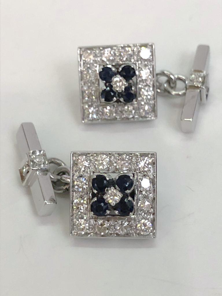 Brilliant Cut Pair of 18 Karat White Gold Sapphire and Diamond Cufflinks For Sale