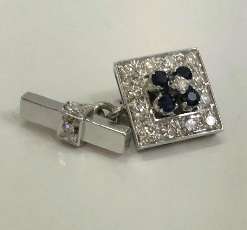 Pair of 18 Karat White Gold Sapphire and Diamond Cufflinks In Good Condition For Sale In Palm Springs, CA