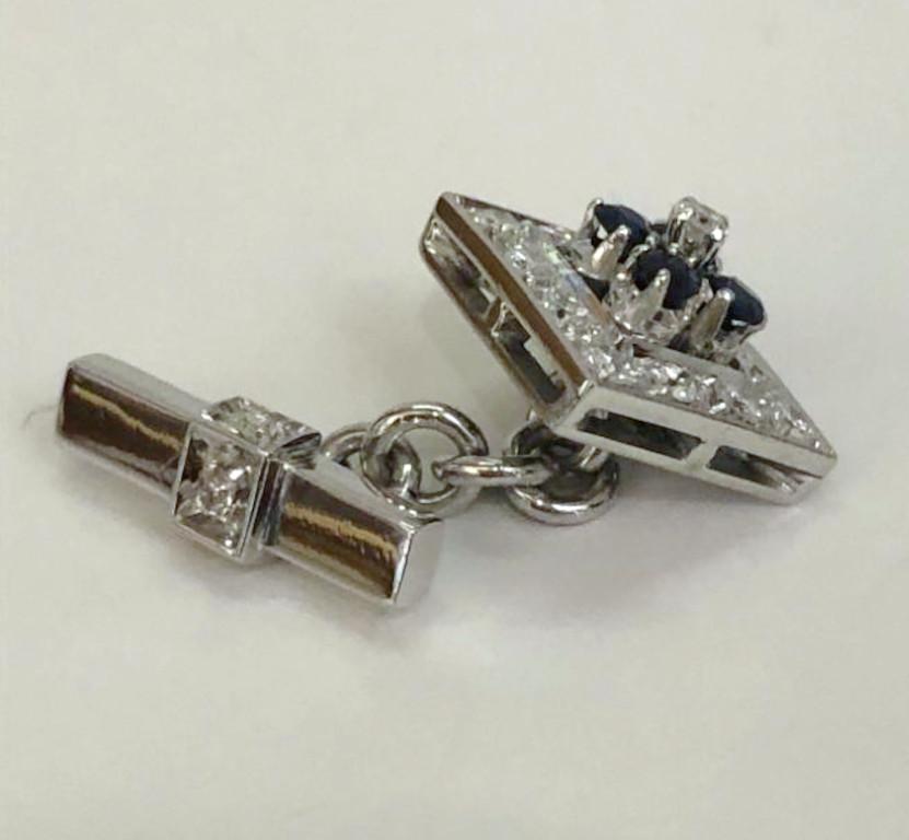 Men's Pair of 18 Karat White Gold Sapphire and Diamond Cufflinks For Sale
