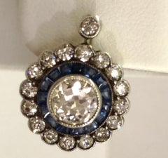 Pair of Antique 18K White Gold Daisy Earrings with Diamonds & Sapphires, Italy