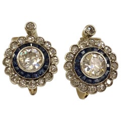 Antique Pair of 18 Karat White Gold Sapphire and Diamond Earrings