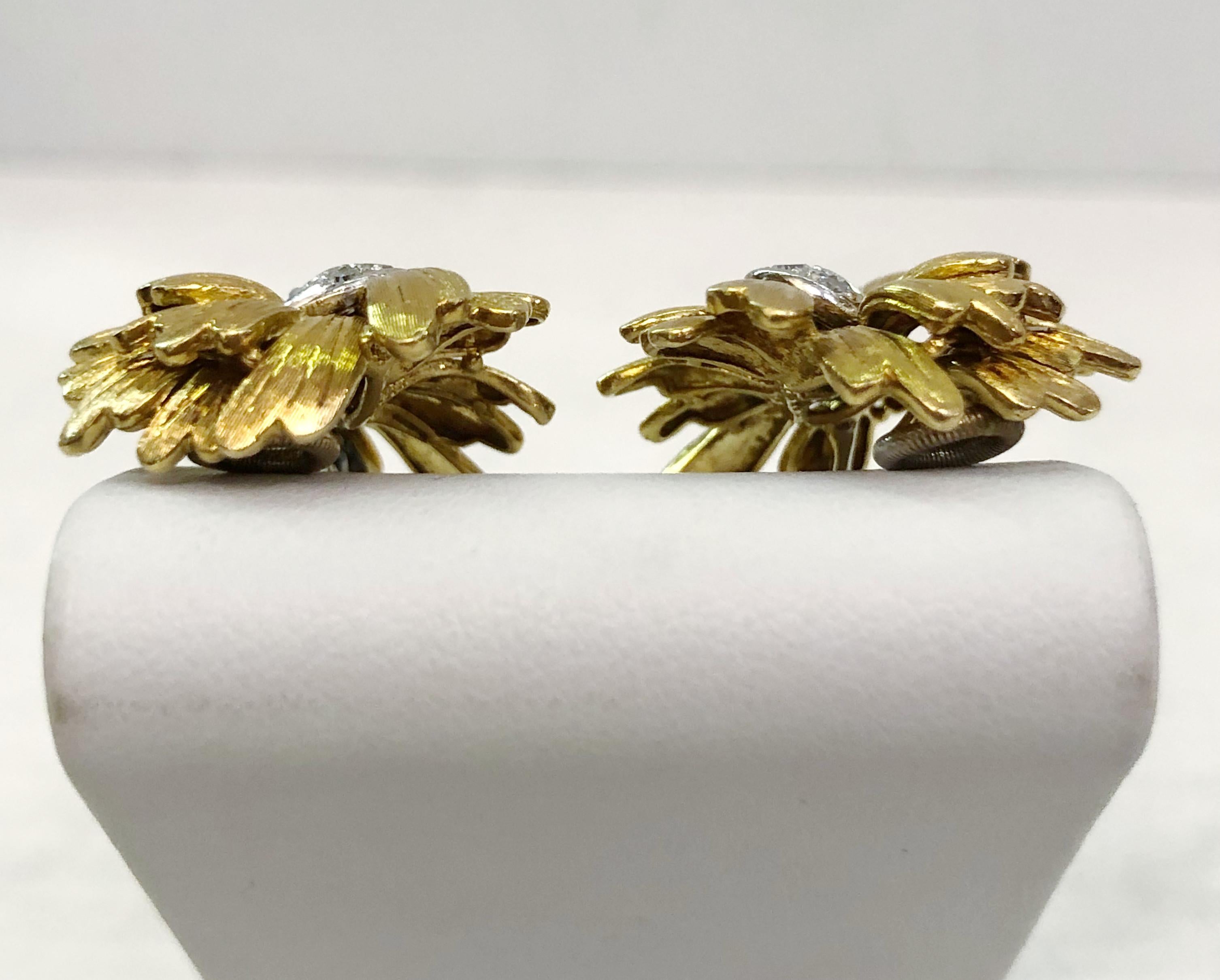Women's Pair of 18 Karat Yellow and White Gold Diamond Earrings For Sale