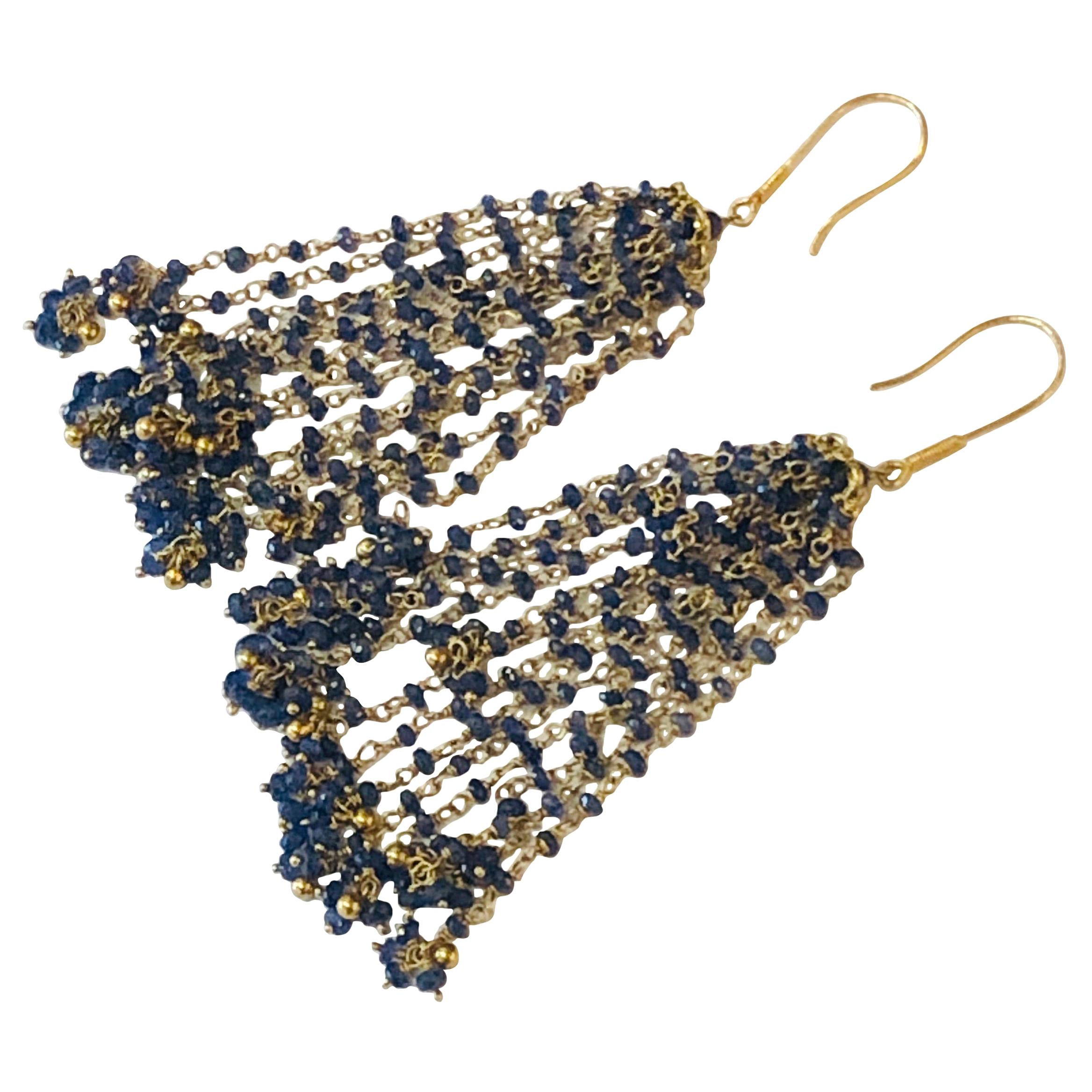 Pair of 18-Karat Yellow Gold and Blue Sapphire Chandelier Tassel Earrings For Sale