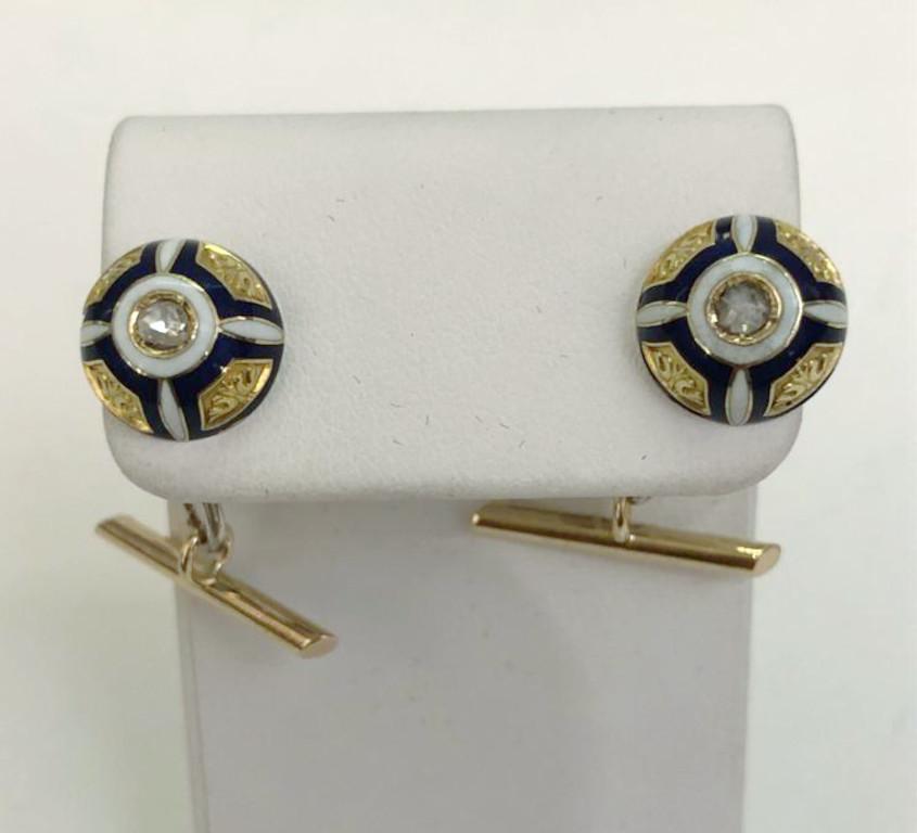 Pair of vintage 18 karat yellow gold cufflinks with white and blue enamels and small diamond in the center / France 1880-1900s