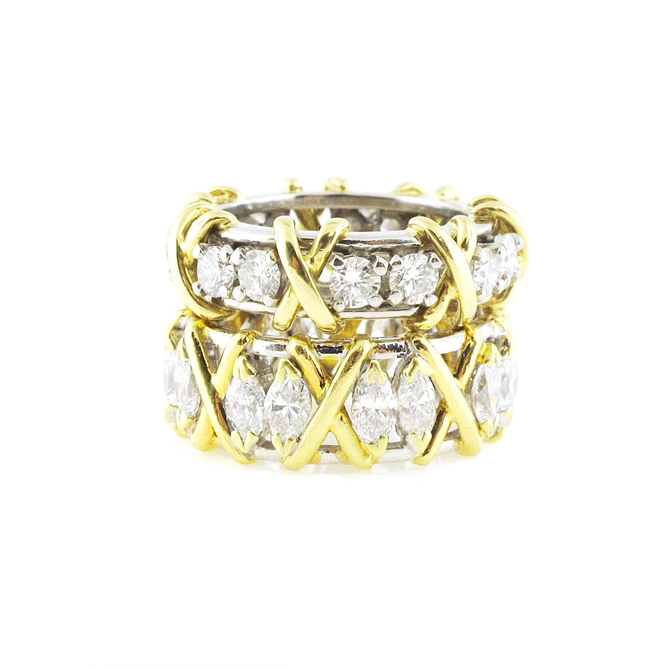 Marquise Cut Pair of 18 Karat Yellow Gold and Platinum Diamond Band, Approximate 4.04 Carat For Sale
