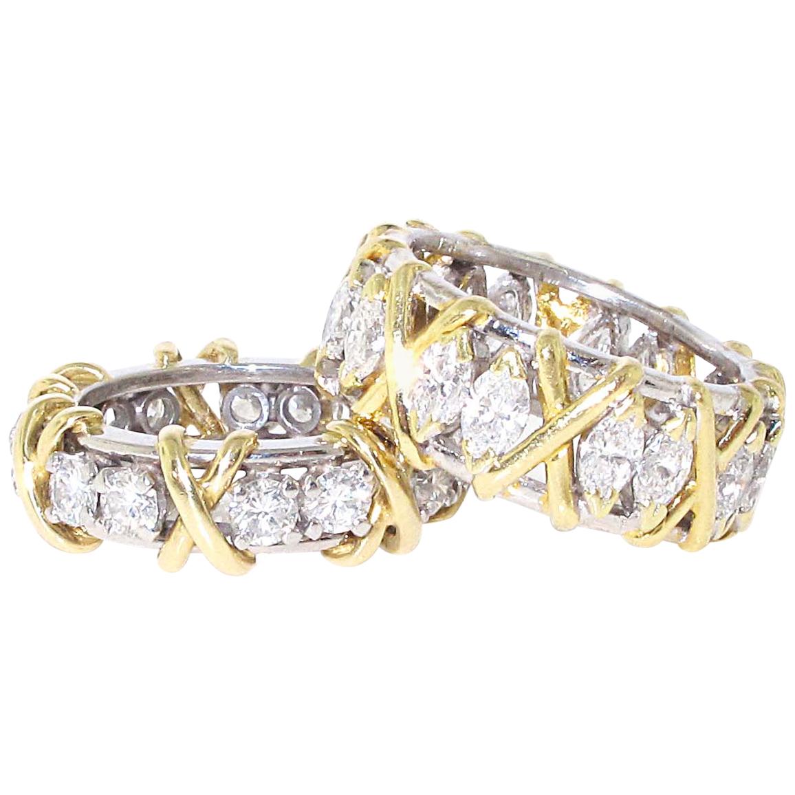 Pair of 18 Karat Yellow Gold and Platinum Diamond Band, Approximate 4.04 Carat For Sale