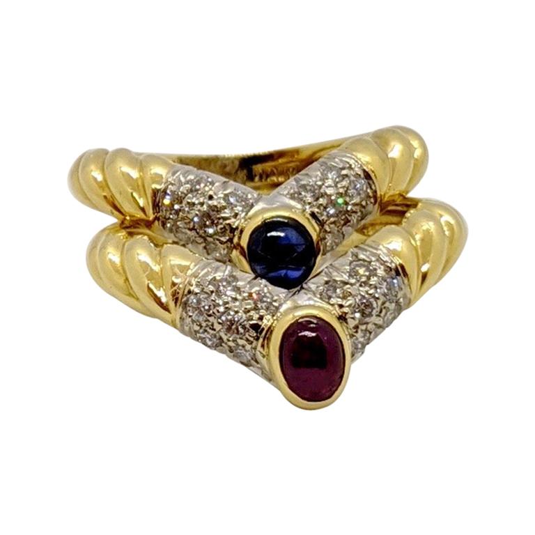 Pair of 18 Karat Yellow Gold, Diamond Ruby and Sapphire Nesting Rings For Sale