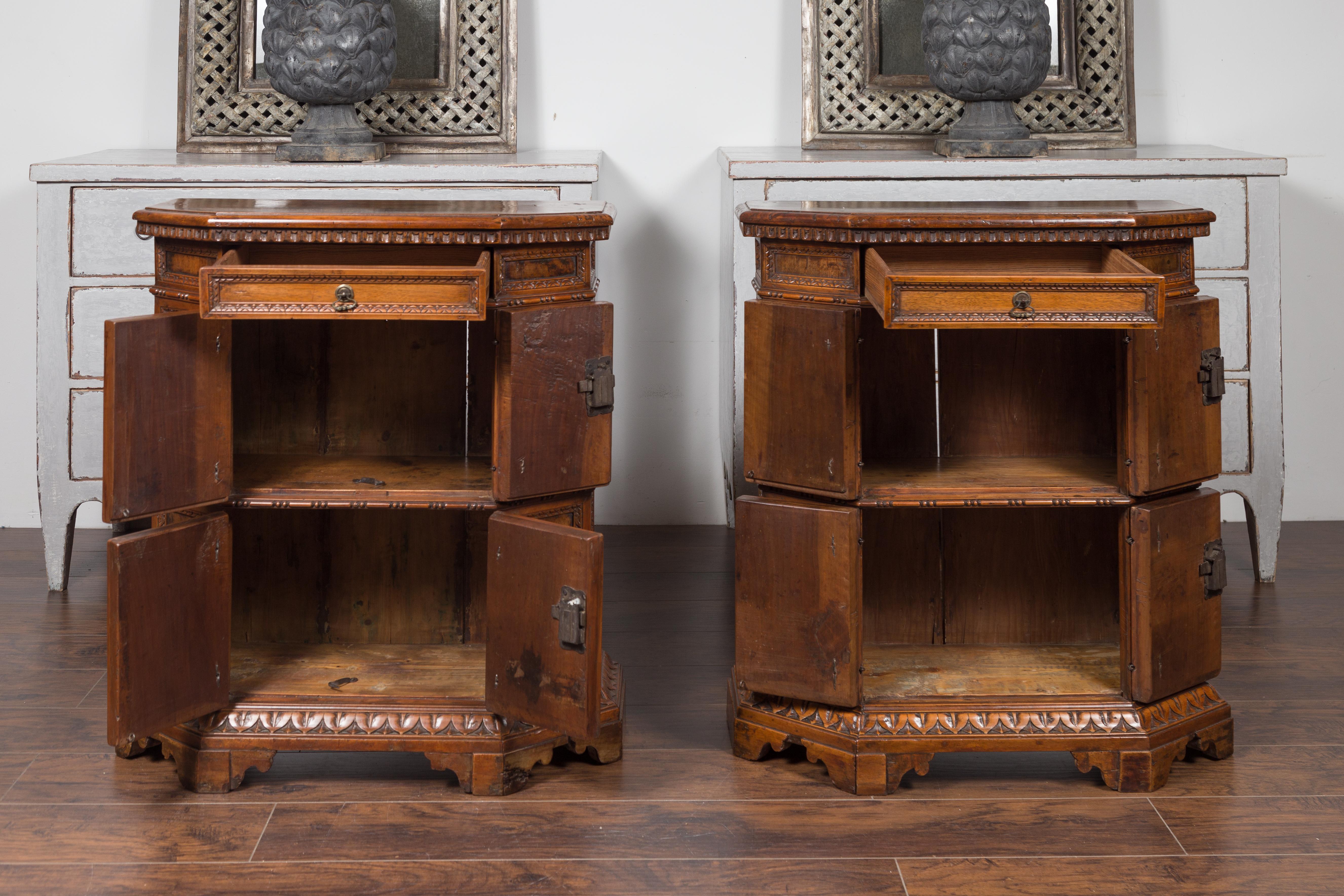 Pair of 1800s Italian Carved Walnut Cabinets with Canted Sides, Drawer and Doors For Sale 6