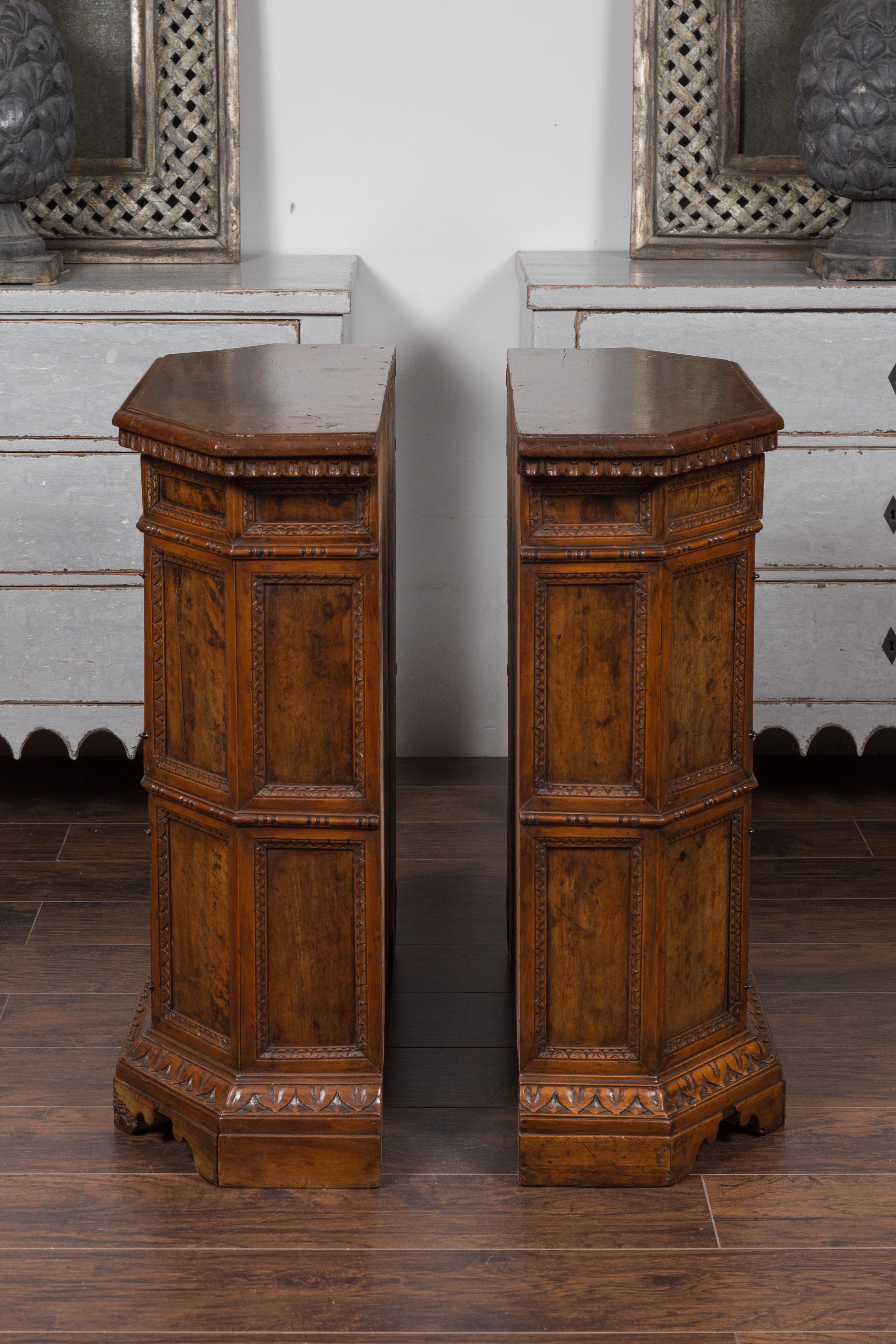 Pair of 1800s Italian Carved Walnut Cabinets with Canted Sides, Drawer and Doors For Sale 8