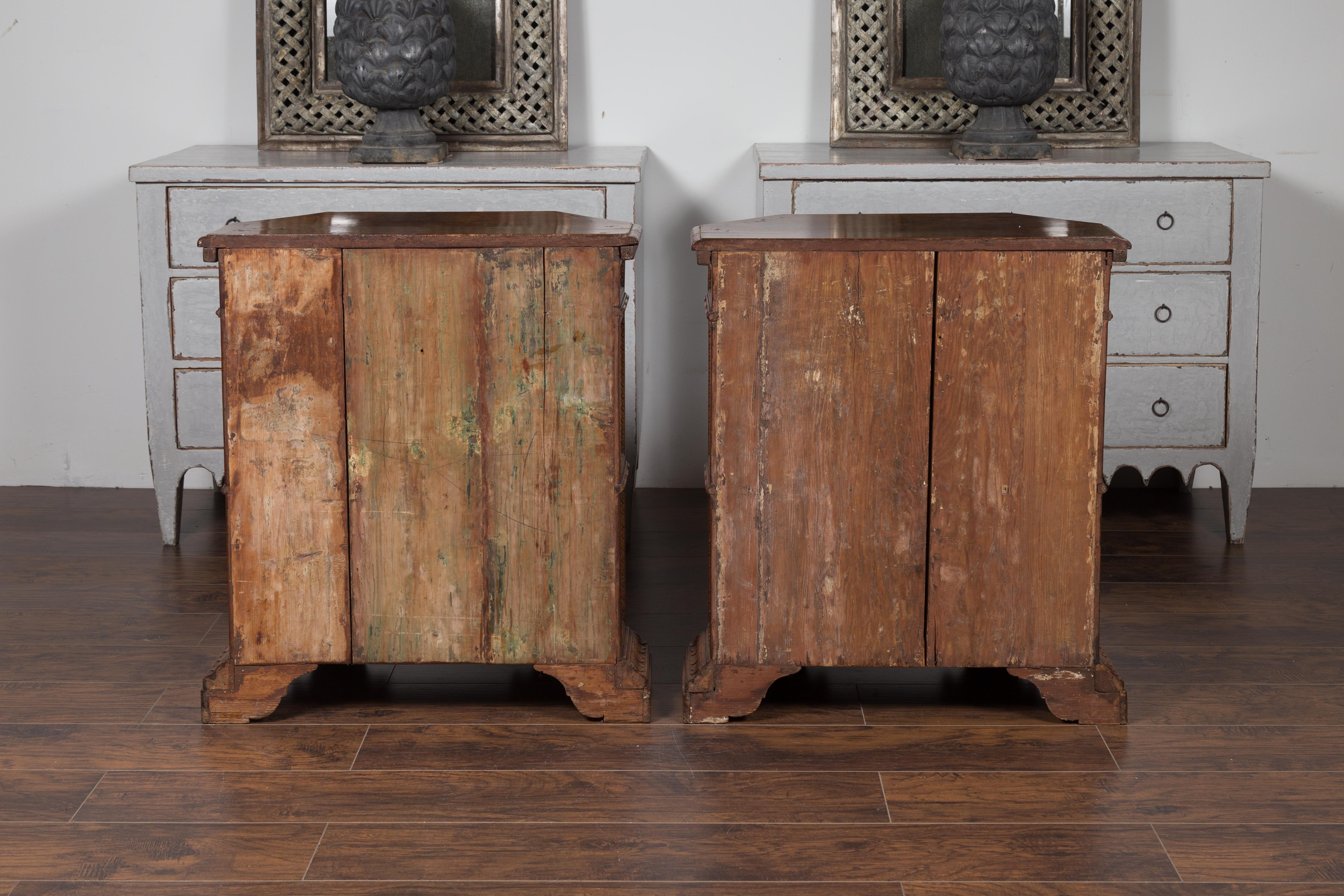 Pair of 1800s Italian Carved Walnut Cabinets with Canted Sides, Drawer and Doors For Sale 9