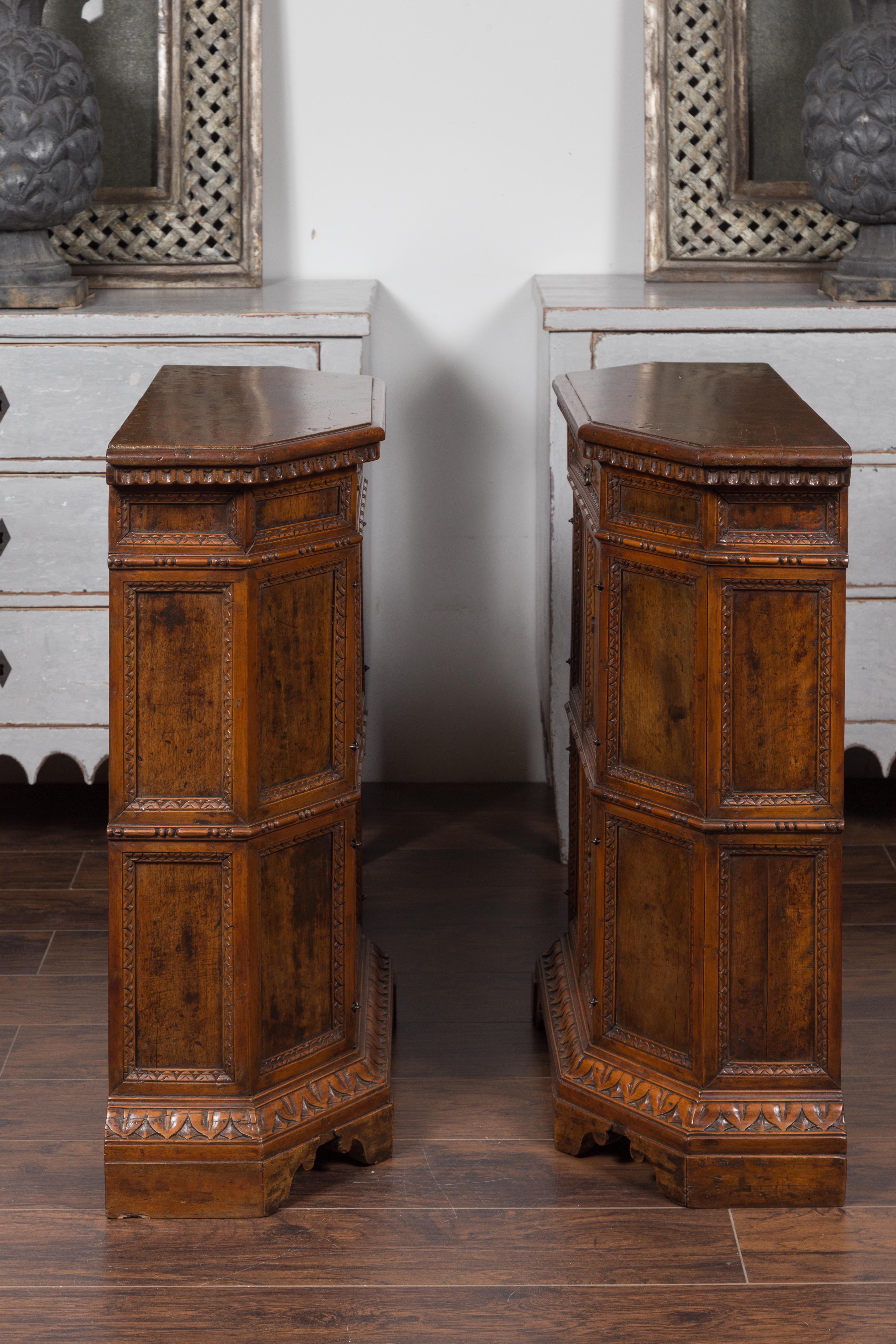 Pair of 1800s Italian Carved Walnut Cabinets with Canted Sides, Drawer and Doors For Sale 10