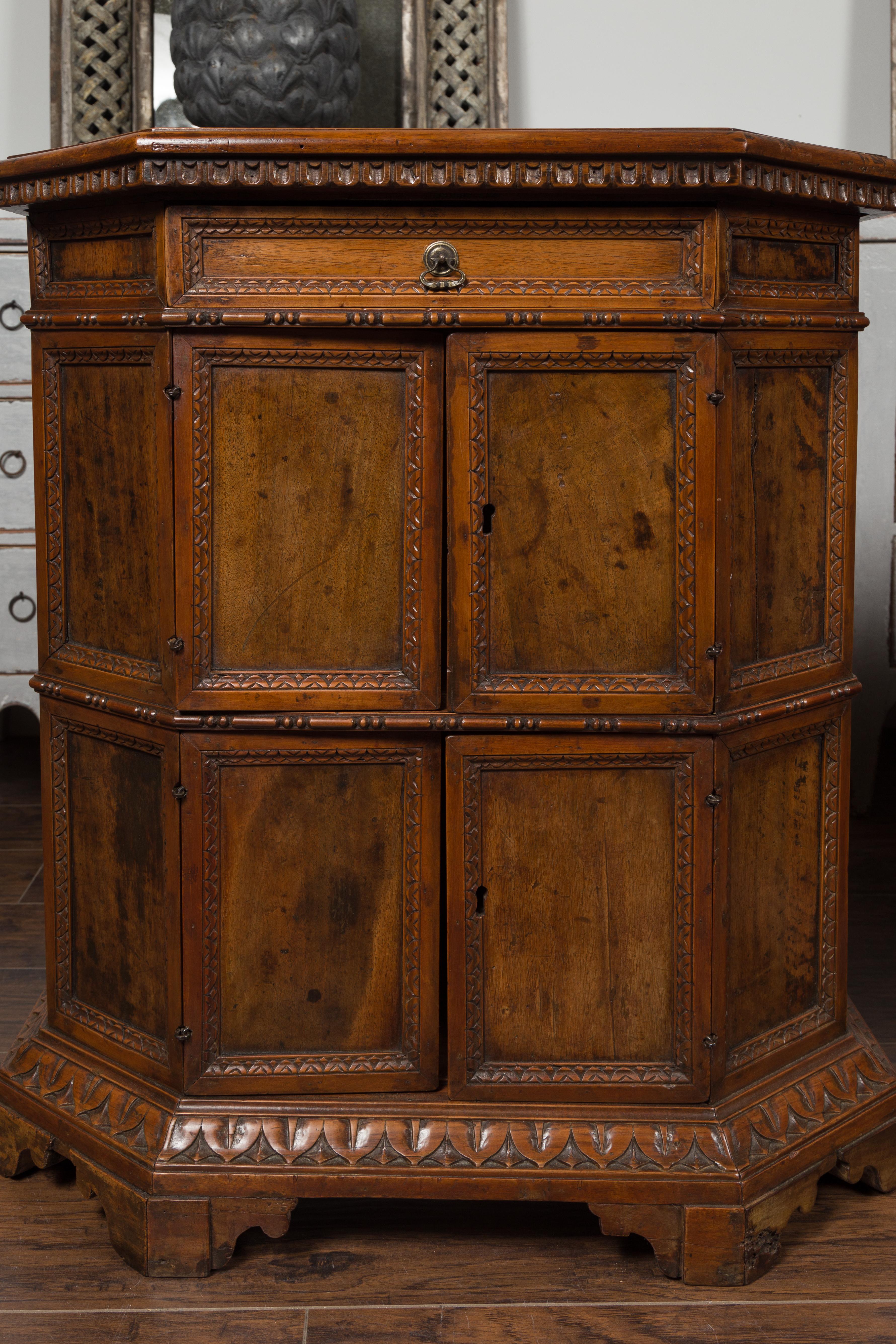 Pair of 1800s Italian Carved Walnut Cabinets with Canted Sides, Drawer and Doors For Sale 1
