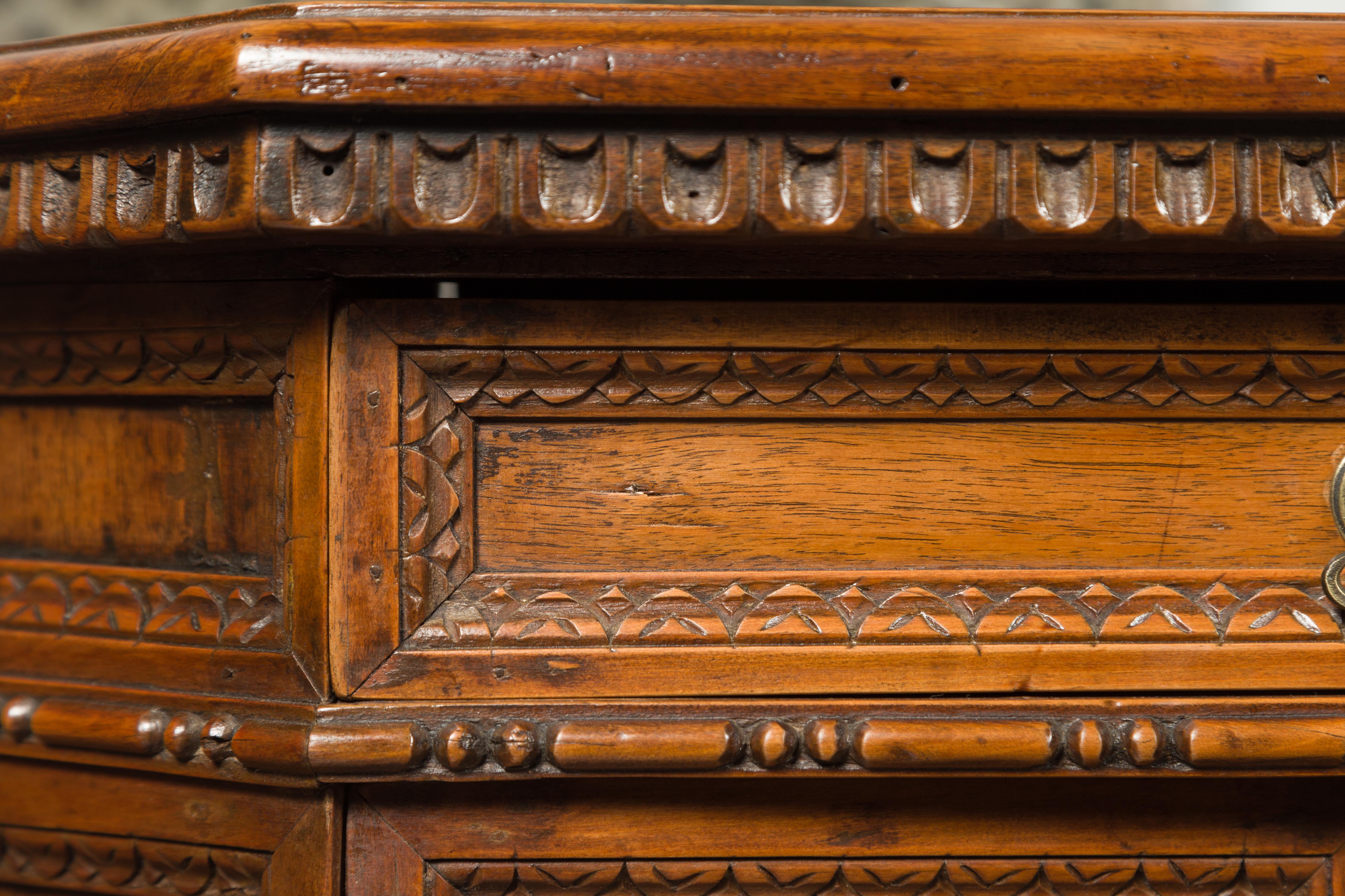 Pair of 1800s Italian Carved Walnut Cabinets with Canted Sides, Drawer and Doors For Sale 5