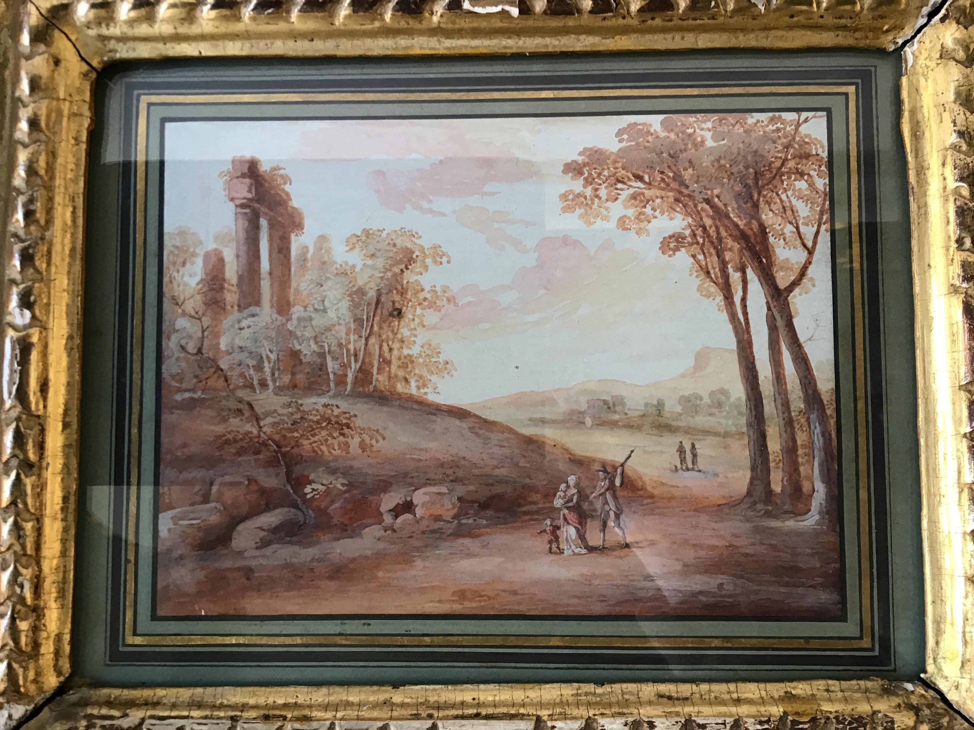 Pair of 1800s Water Colors of French Pastoral Scenes Attributed to J.B. Huet In Good Condition For Sale In Tarrytown, NY