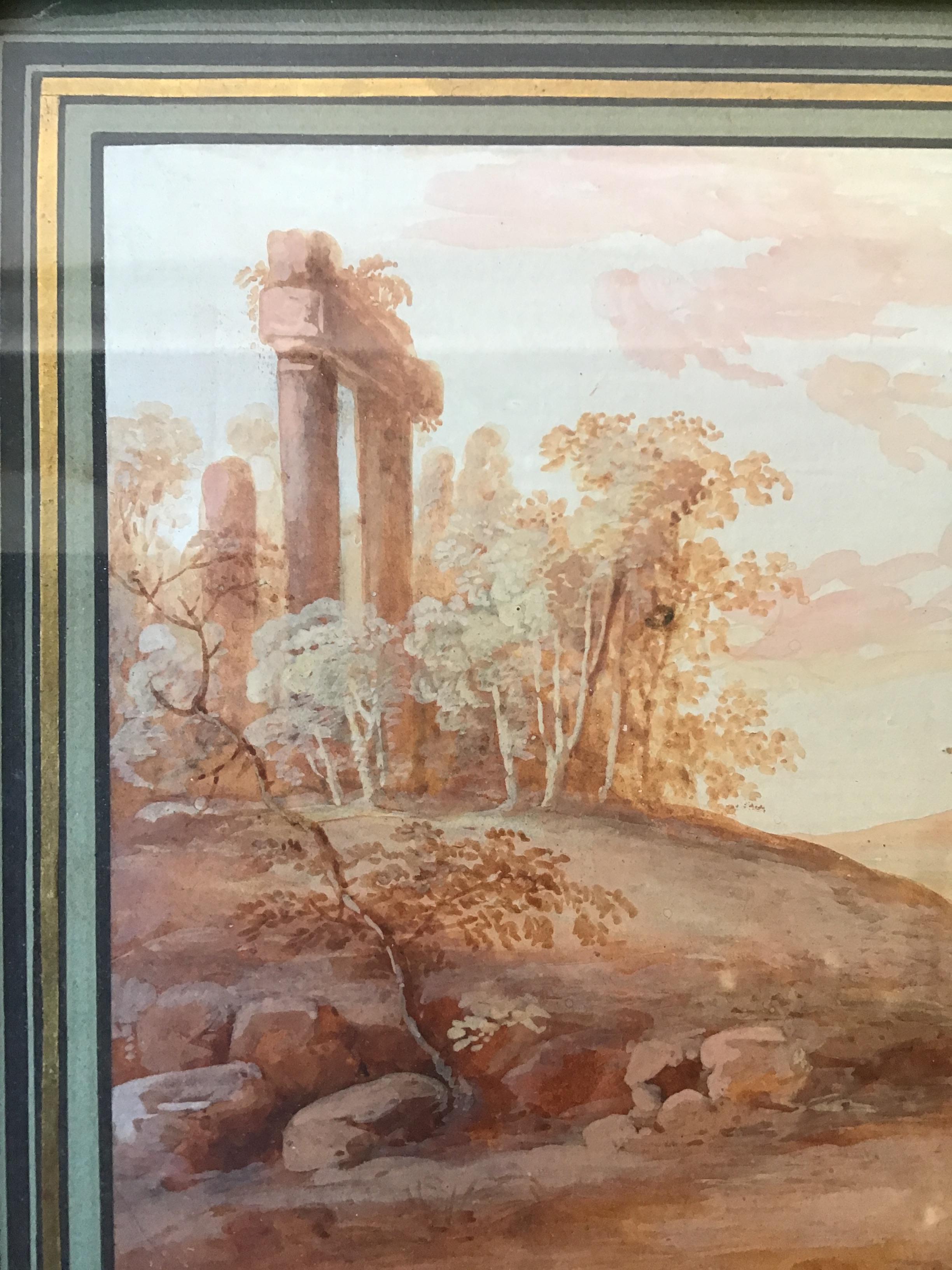 Paper Pair of 1800s Water Colors of French Pastoral Scenes Attributed to J.B. Huet For Sale