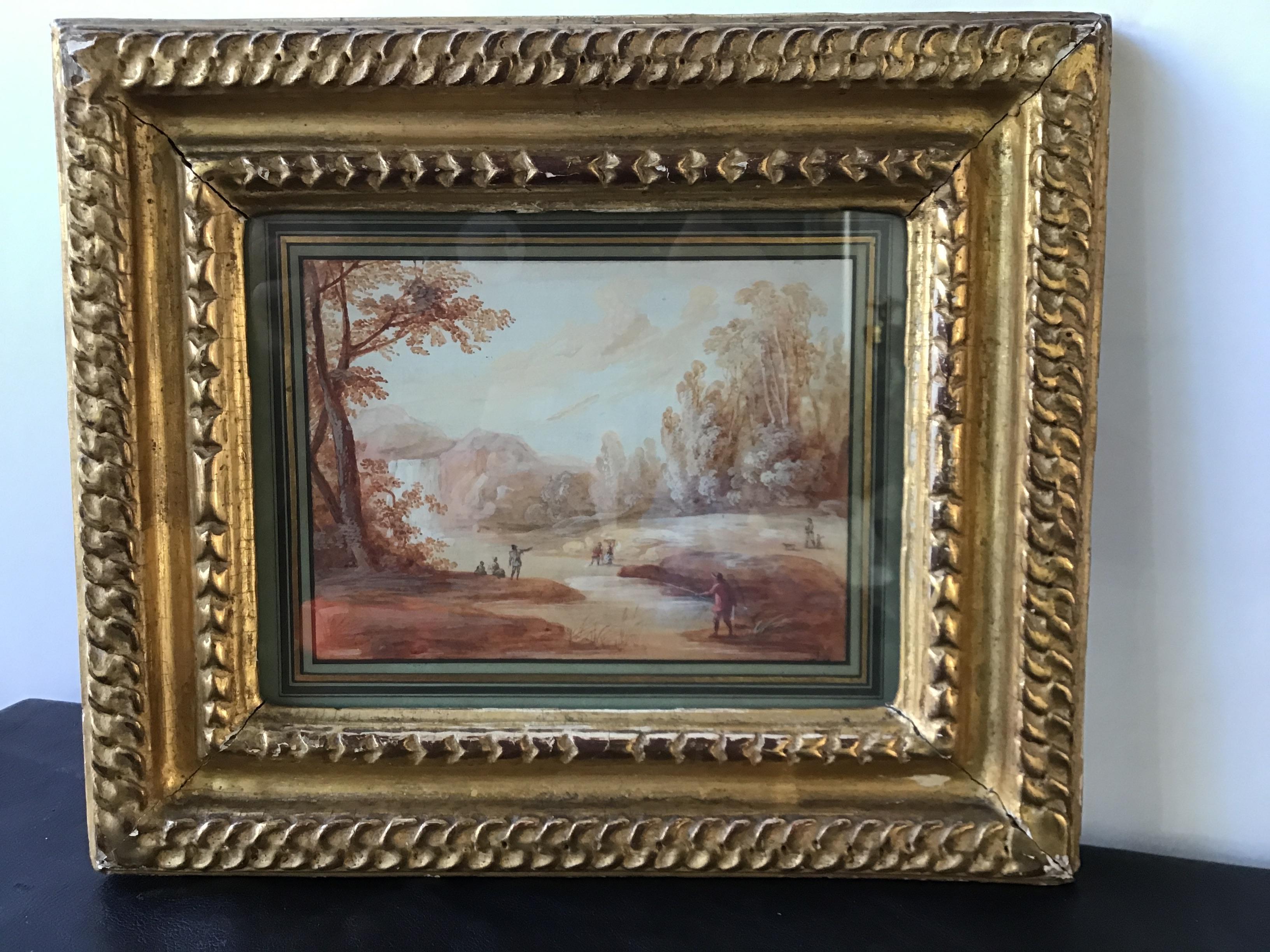 Pair of 1800s Water Colors of French Pastoral Scenes Attributed to J.B. Huet For Sale 1