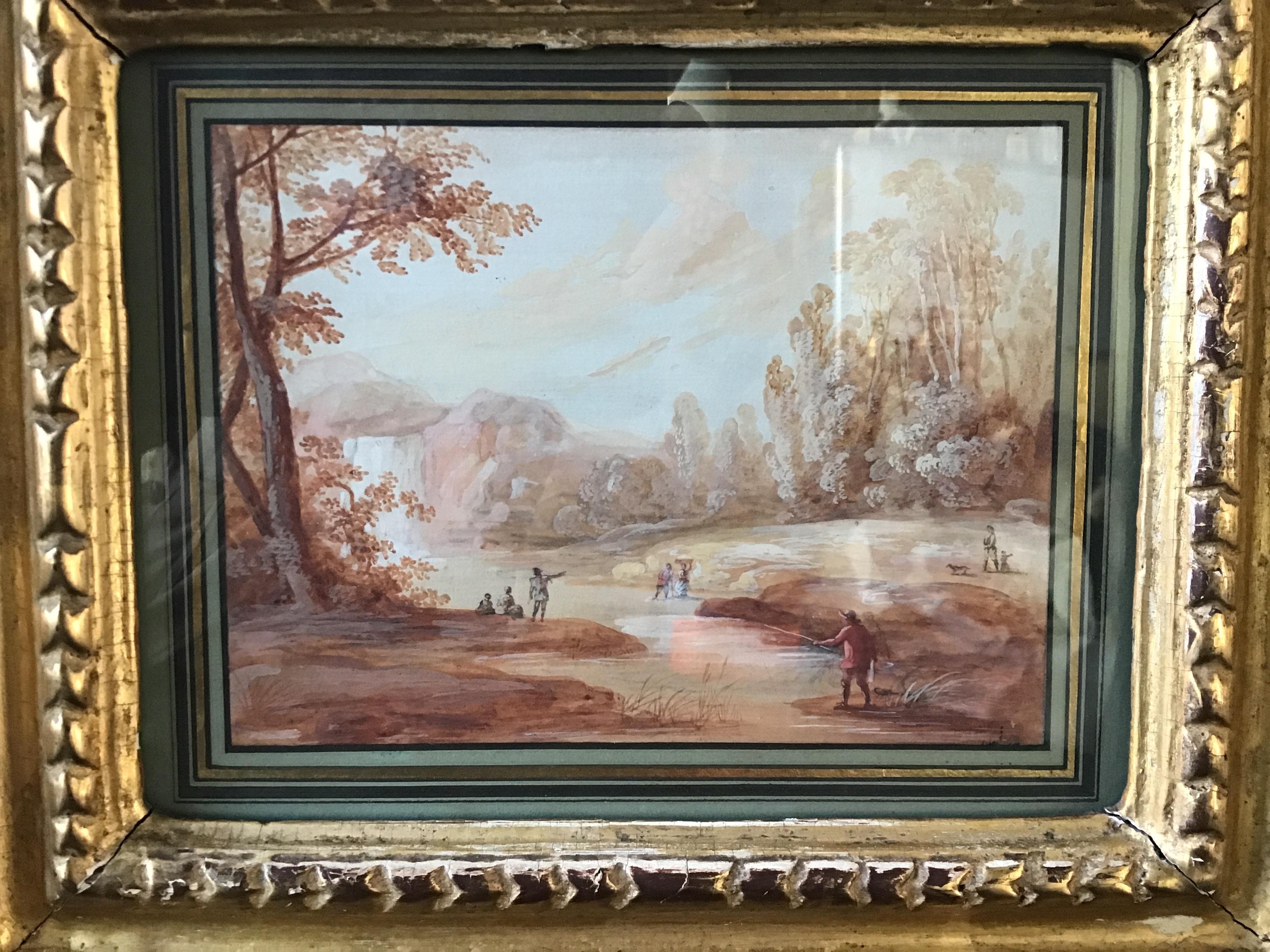 Pair of 1800s Water Colors of French Pastoral Scenes Attributed to J.B. Huet For Sale 2