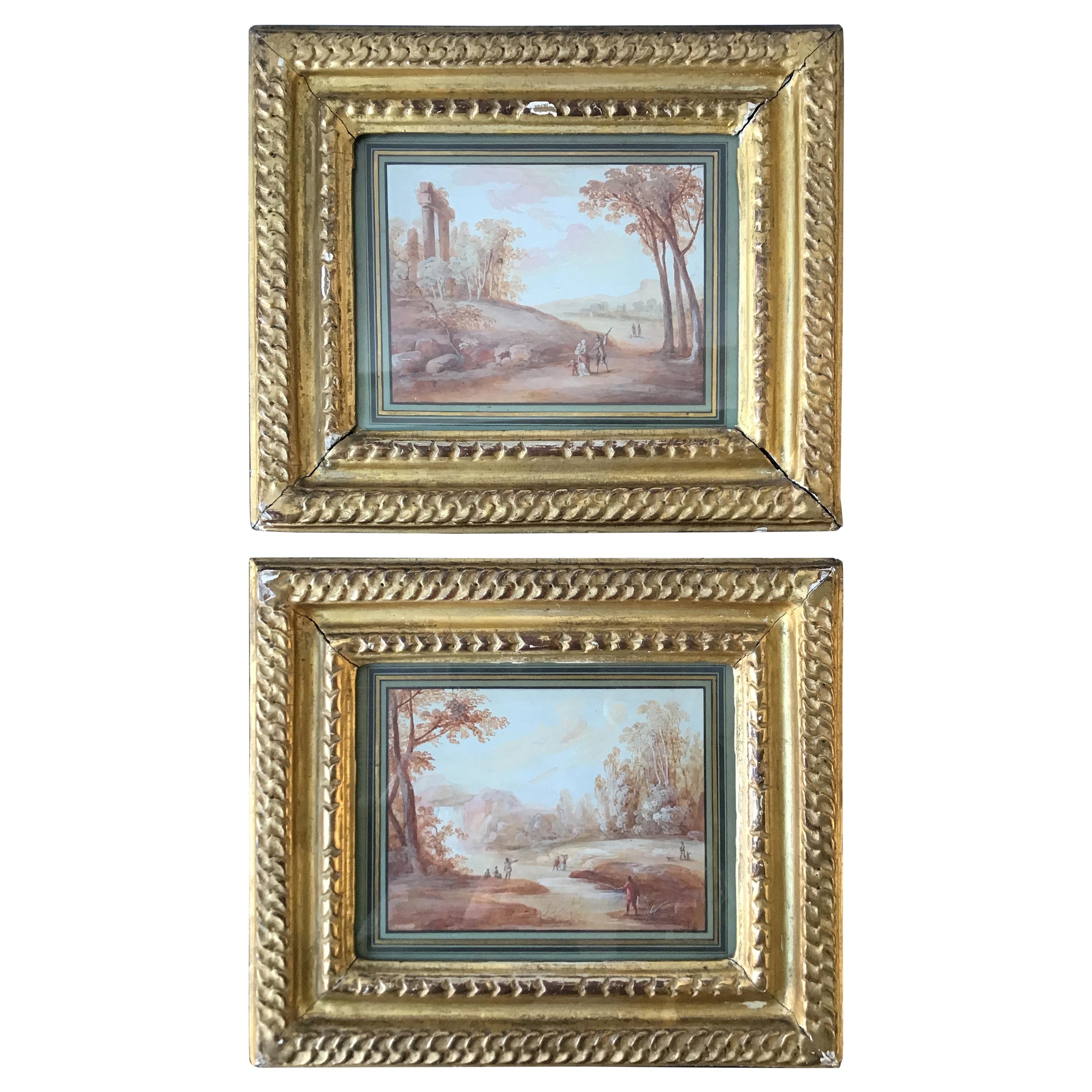 Pair of 1800s Water Colors of French Pastoral Scenes Attributed to J.B. Huet