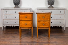 Pair of 1820s Italian Neoclassical Carved Walnut Bedside Tables with Banding