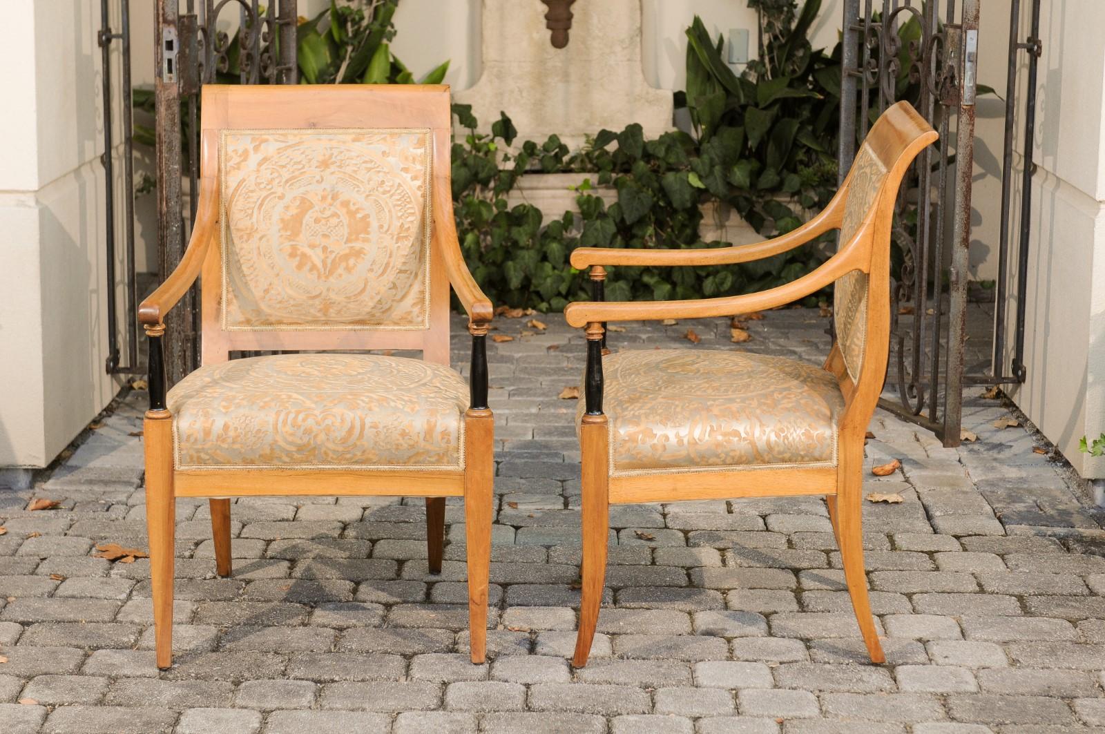 Pair of 1840s Austrian Biedermeier Ebonized Columns Chairs with Fortuny Fabric 2