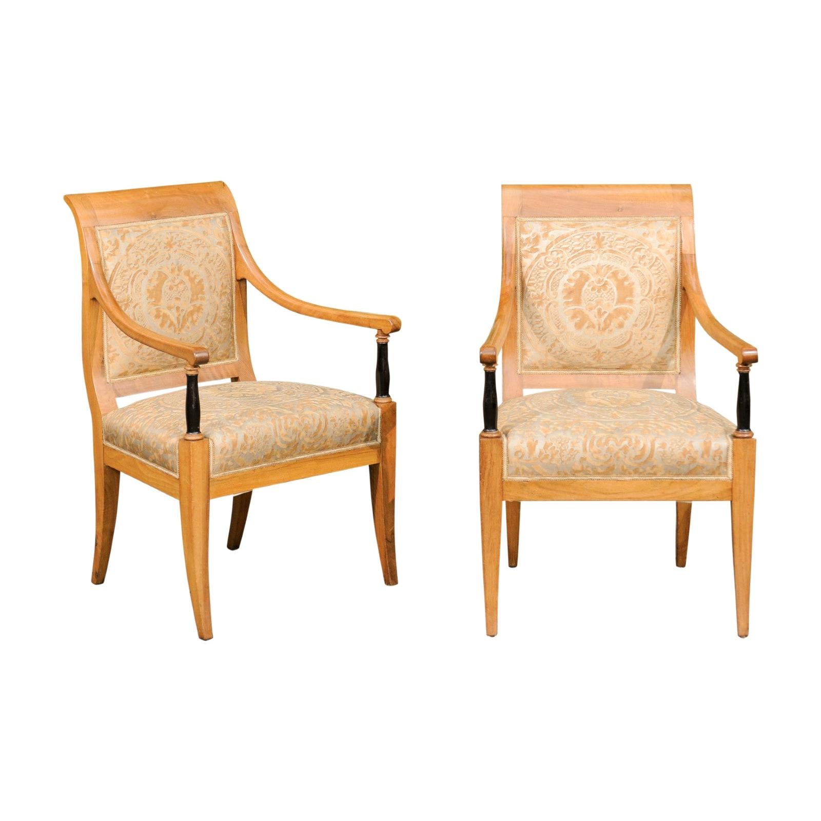 Pair of 1840s Austrian Biedermeier Ebonized Columns Chairs with Fortuny Fabric