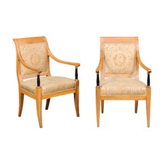 Pair of 1840s Austrian Biedermeier Ebonized Columns Chairs with Fortuny Fabric
