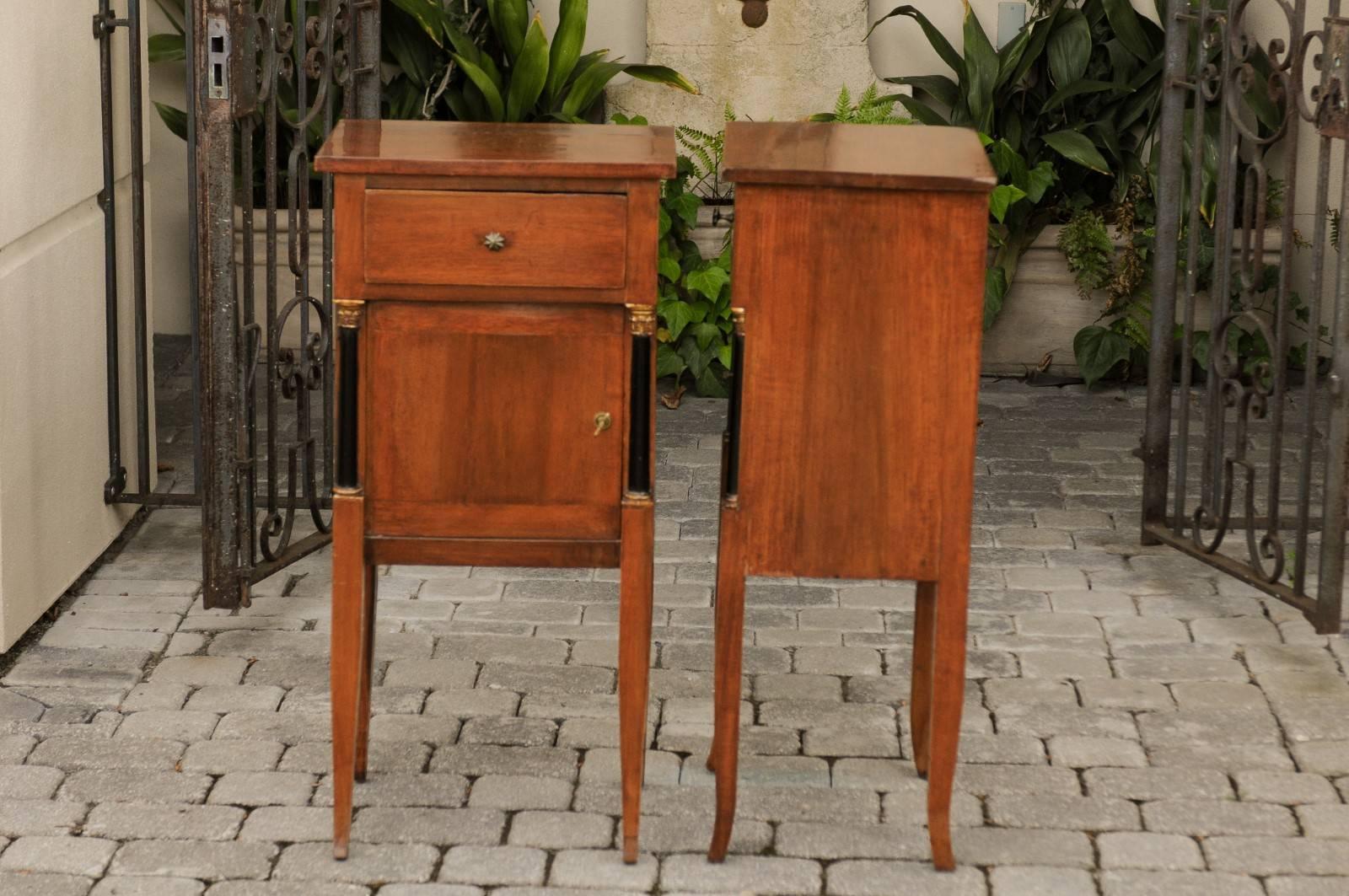 Pair of 1840s Biedermeier Walnut Stands with Drawer, Door and Semi-Columns For Sale 4